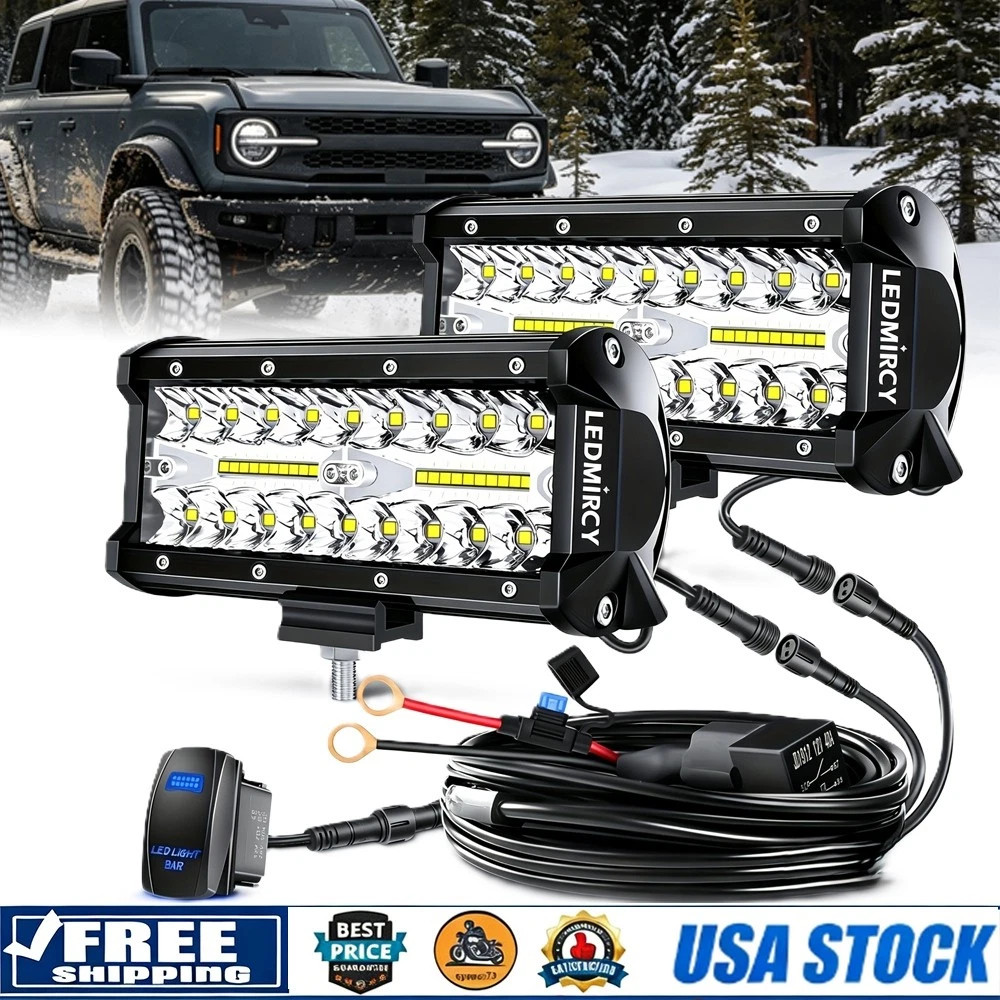 2x 7inch 30000LM LED Work Light Bar Flood Spot Pod Offroad Fog Driving ATV Truck