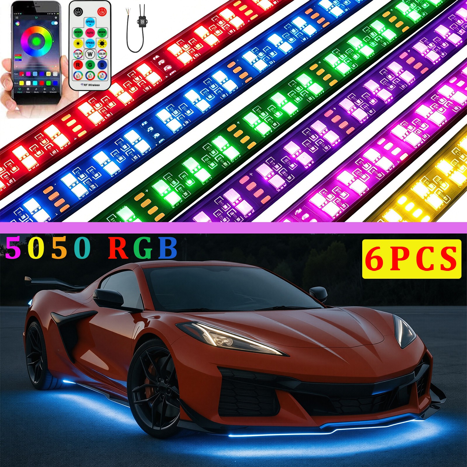 6PCS Underglow Kit Double Row LED Strip Lights RGB For Chevy Corvette C8 C7 C6