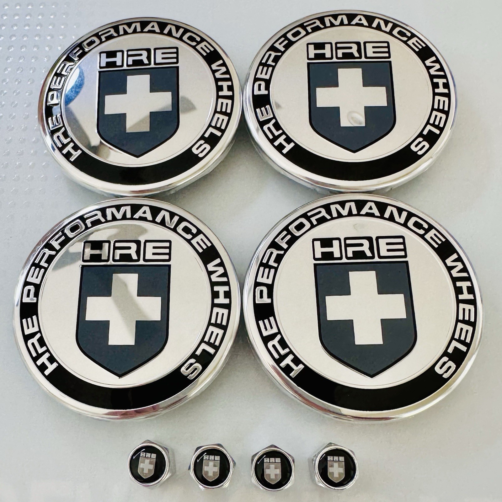 4pc HRE Gray Black 63mm Center Caps XC635HRE—2PC and 4pc Chrome Valve Caps 4pc HRE Gray Black 63mm Center Caps XC635HRE—2PC and 4pc Chrome Valve Caps