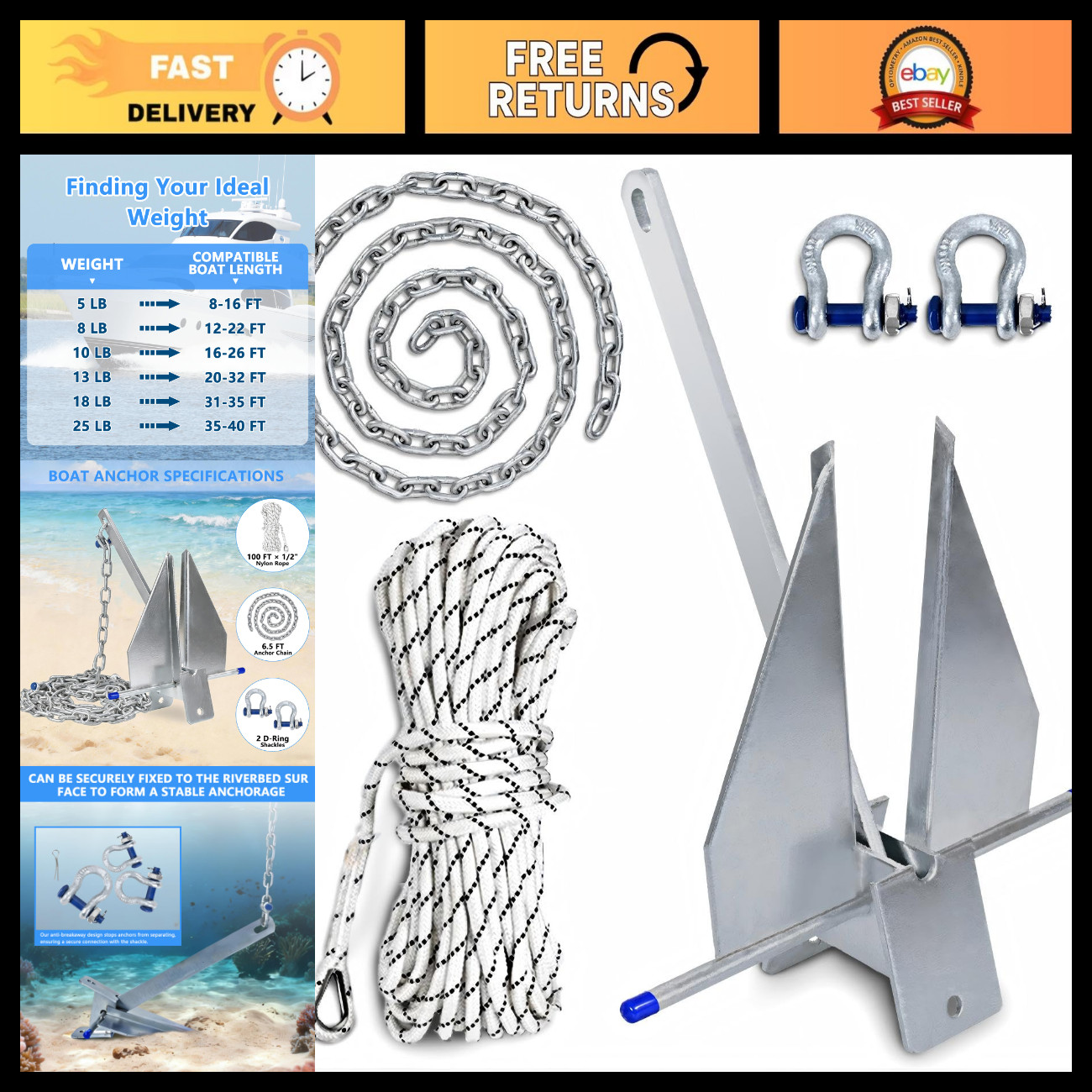 Boat Anchor Kit with Chain, Rope & Shackles - 5/8/10/13/18/25 lbs Options Availa