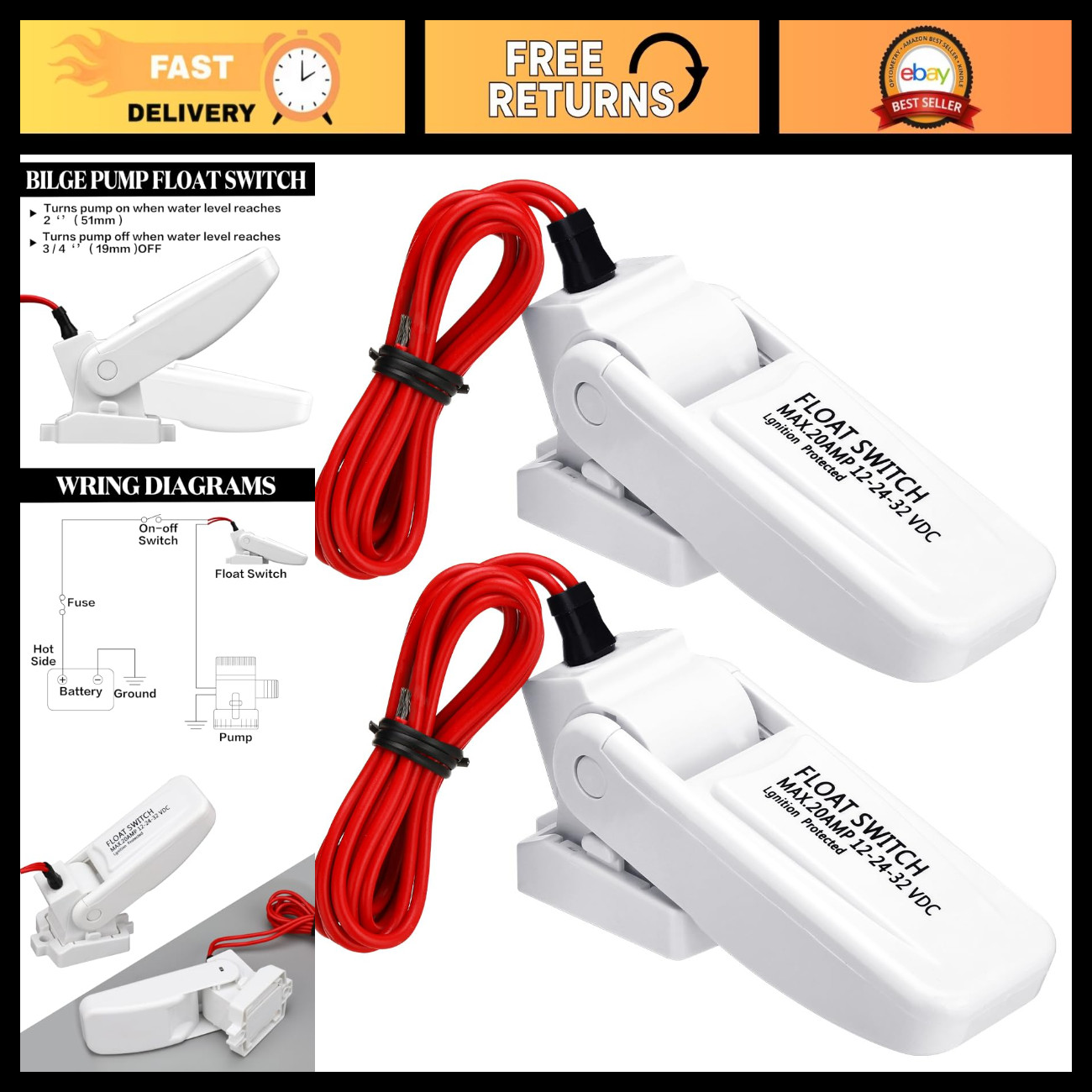 Automatic Boat Bilge Pump Float Switch - 12V/24V/32V Marine Water Pump Switch