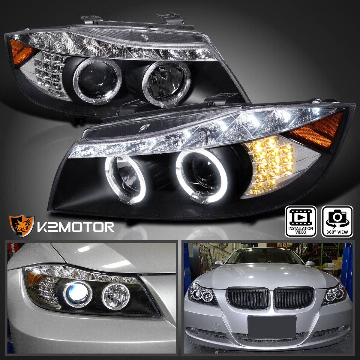 Black Fits 2006-2008 BMW E90 325i 328i Sedan LED Halo Projector Headlights Lamps