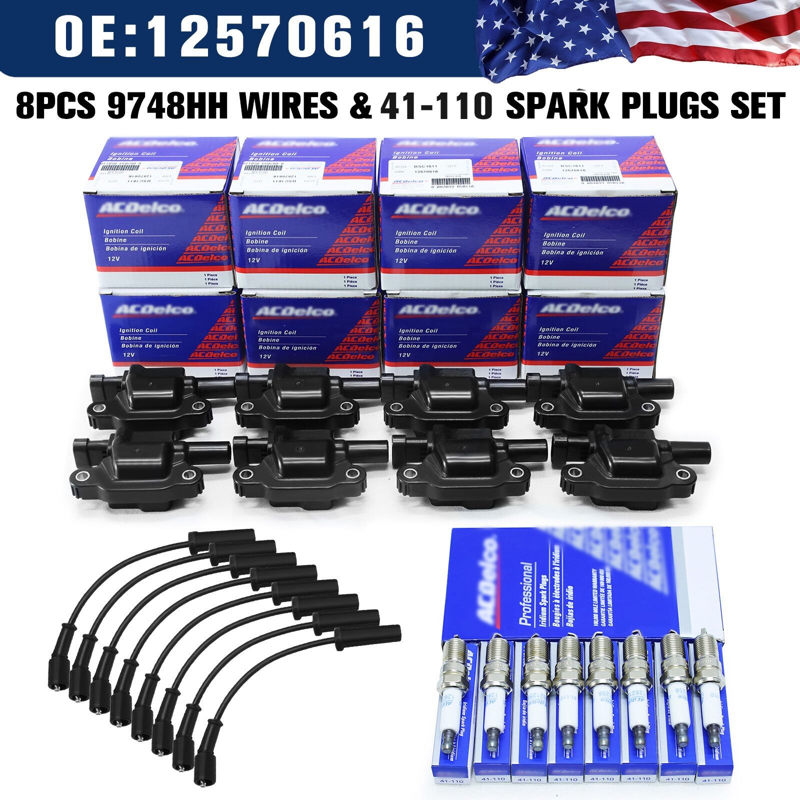 8 PACKS UF413 Ignition Coil + 41-110 Spark Plug+ 9748UU Wire For Chevrolet GMC, 8 PACKS UF413 Ignition Coil + 41-110 Spark Plug+ 9748UU Wire For Chevrolet GMC,