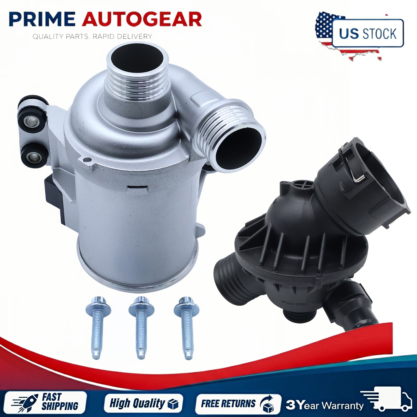 1x Electric Water Pump +1x Thermostat + 3x Bolts Fits BMW N55 335i 435i 535i Kit