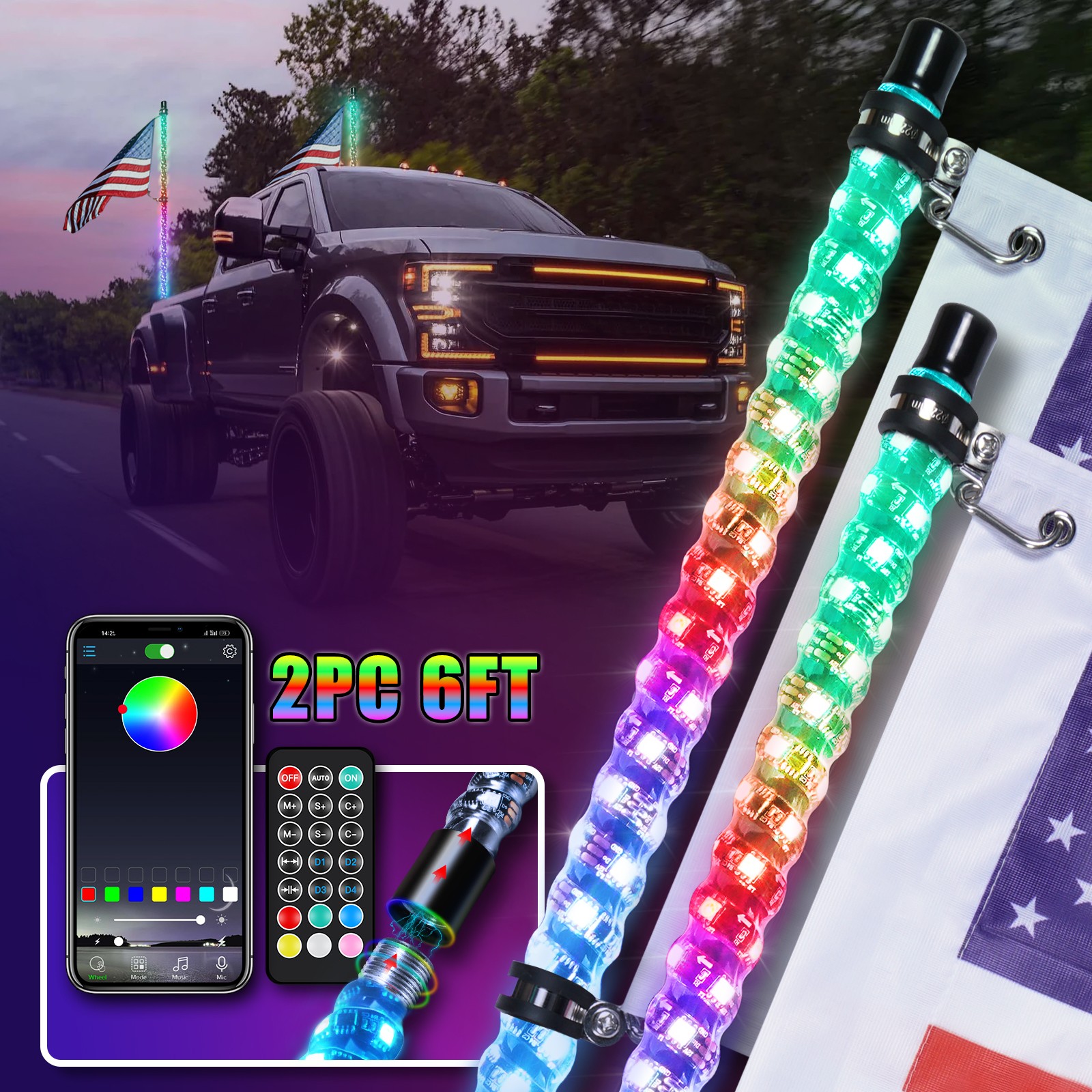 Pair 6ft LED Whip Lights RGB Chase Antenna w/ Flag & Remote for UTV ATV 2FT 4FT Pair 6ft LED Whip Lights RGB Chase Antenna w/ Flag & Remote for UTV ATV 2FT 4FT