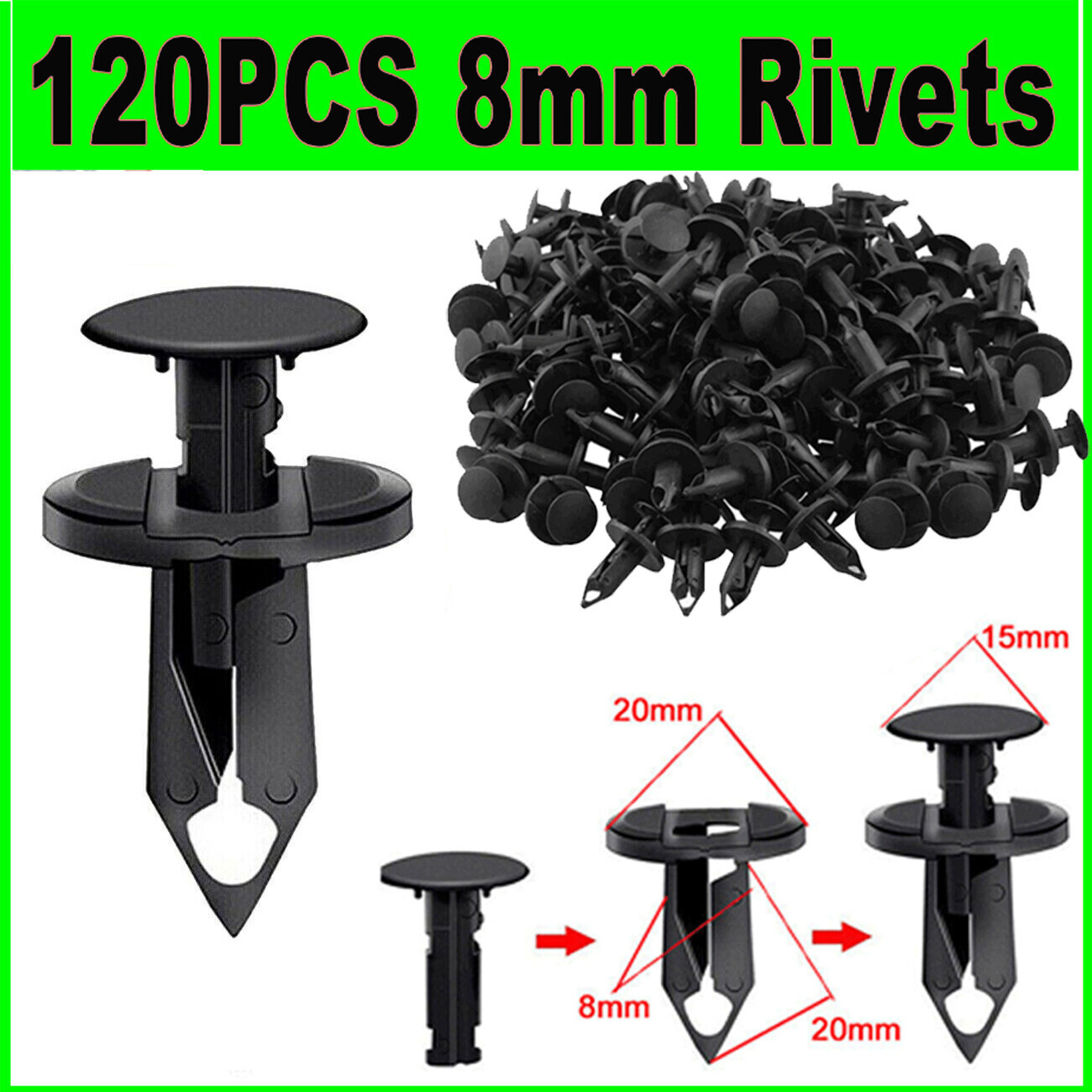 120X 8mm 0.78 in Bumper Clips Retainer Car Plastic Rivets Fastener Fender Push 