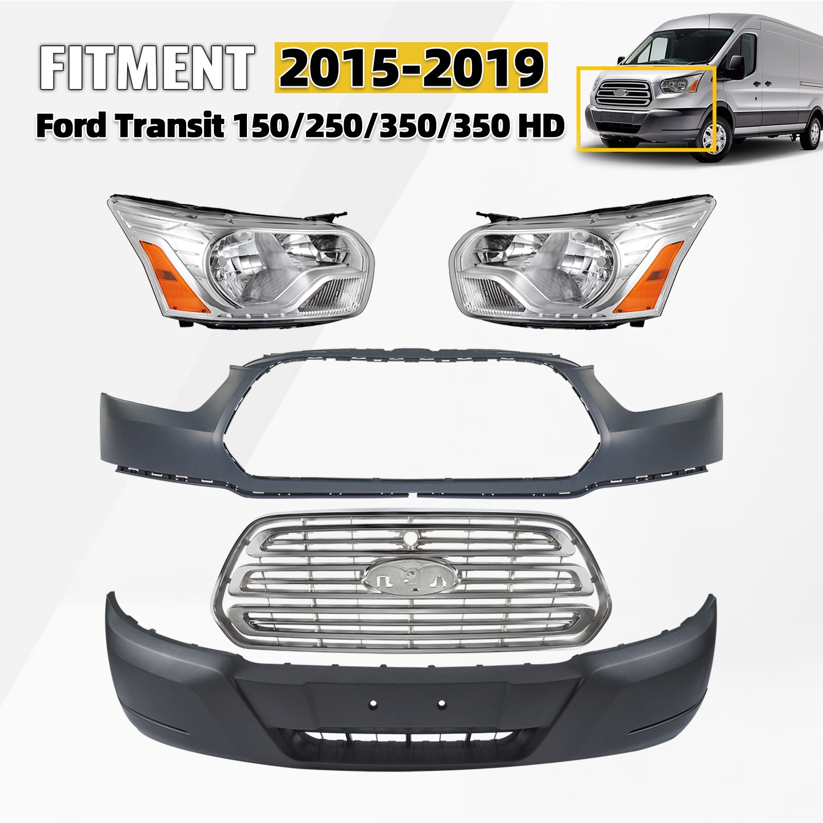 2015-2019 Ford Transit-150 Front Bumper Cover Grill Chrome Halogen Headlight Kit 2015-2019 Ford Transit-150 Front Bumper Cover Grill Chrome Halogen Headlight Kit