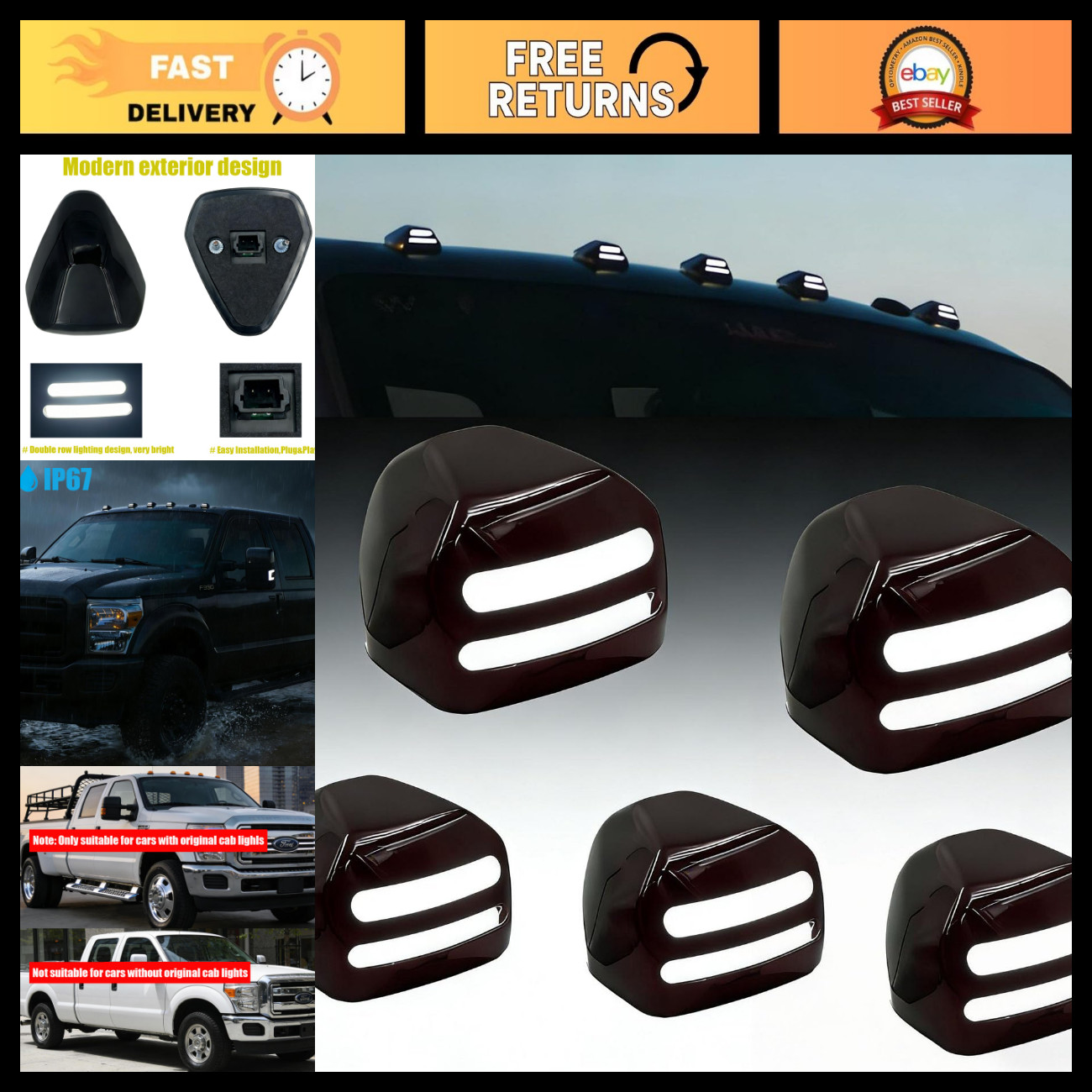 5PCS White LED Roof Cab Marker Lights with Smoked Lens - Truck Accessories 5PCS White LED Roof Cab Marker Lights with Smoked Lens - Truck Accessories