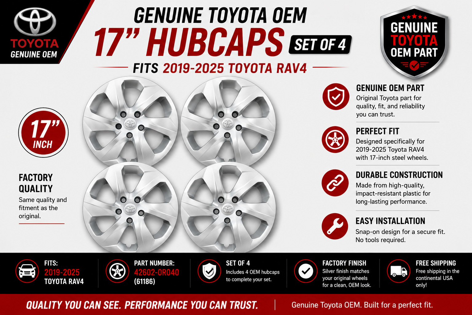 Set/4 OEM Hubcaps for Toyota Rav 4 2019-2025 New Genuine OEM Factory Set 17-inch Set/4 OEM Hubcaps for Toyota Rav 4 2019-2025 New Genuine OEM Factory Set 17-inch