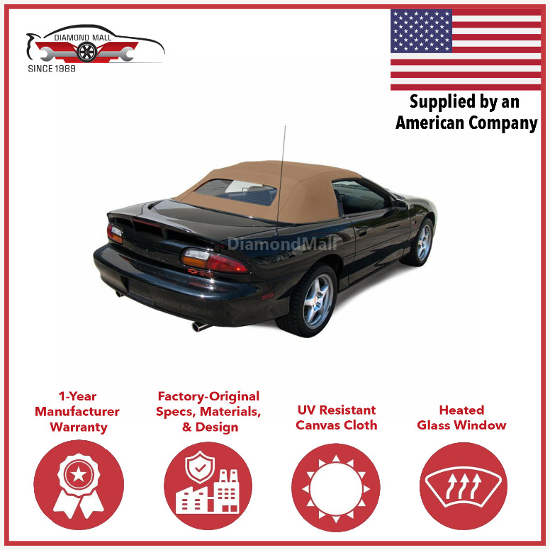 Fits Chevrolet Camaro 94-02 Convertible Top With Heated Glass Window Tan Canvas