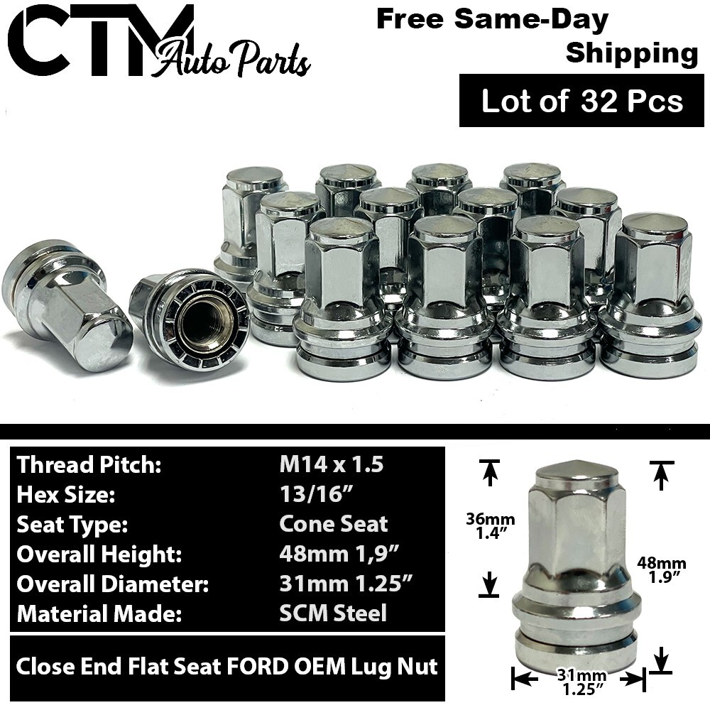32x Ford OEM Factory Chrome 14x1.5 Flat Seat Lug Nut Fit F250 F350 Super Duty