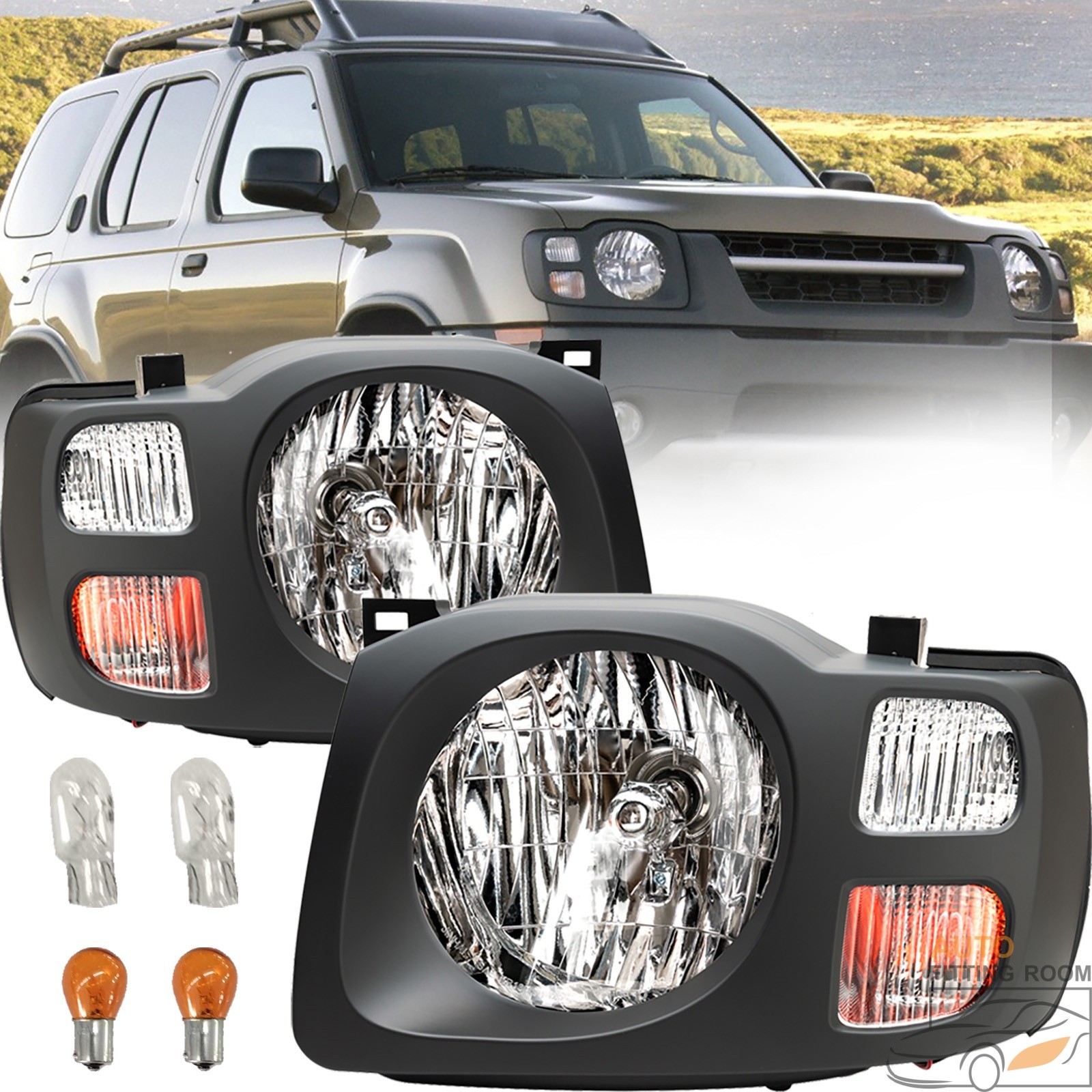 Headlight For 2002-2004 Nissan Xterra Black Halogen With Bulbs Left & Right Headlight For 2002-2004 Nissan Xterra Black Halogen With Bulbs Left & Right