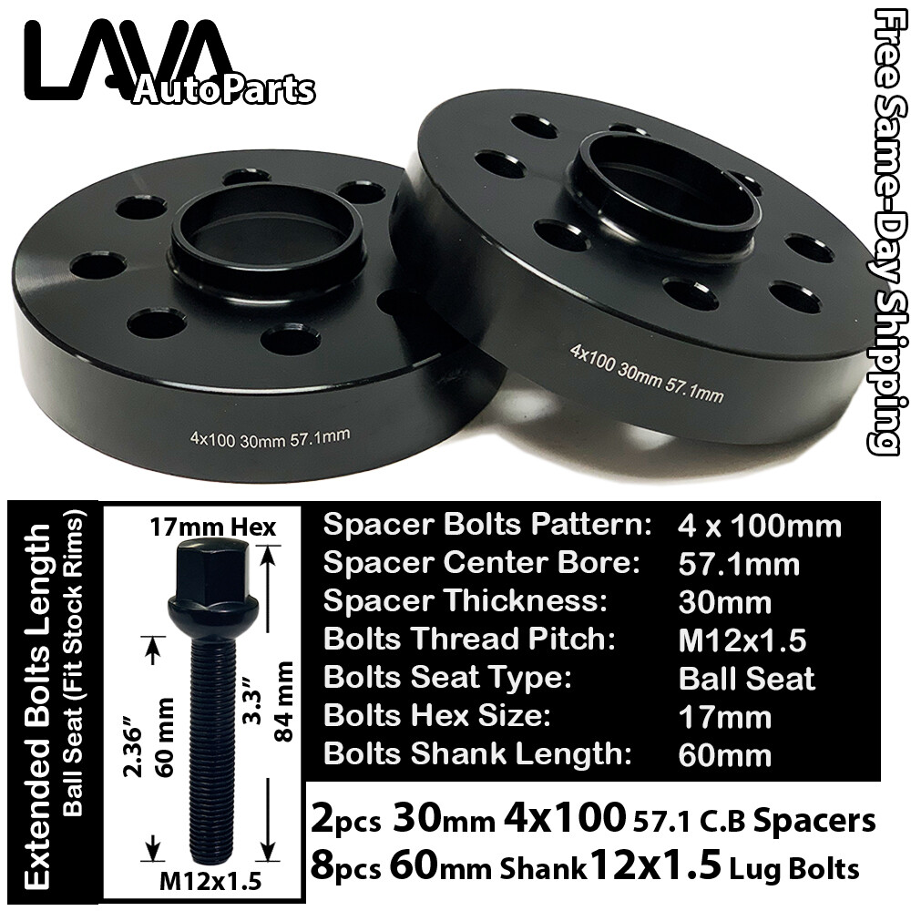 2PC 30MM THICK 4X100 57.1MM C.B WHEEL SPACER+12X1.5 BOLT FIT VOLKSWAGEN AND MORE