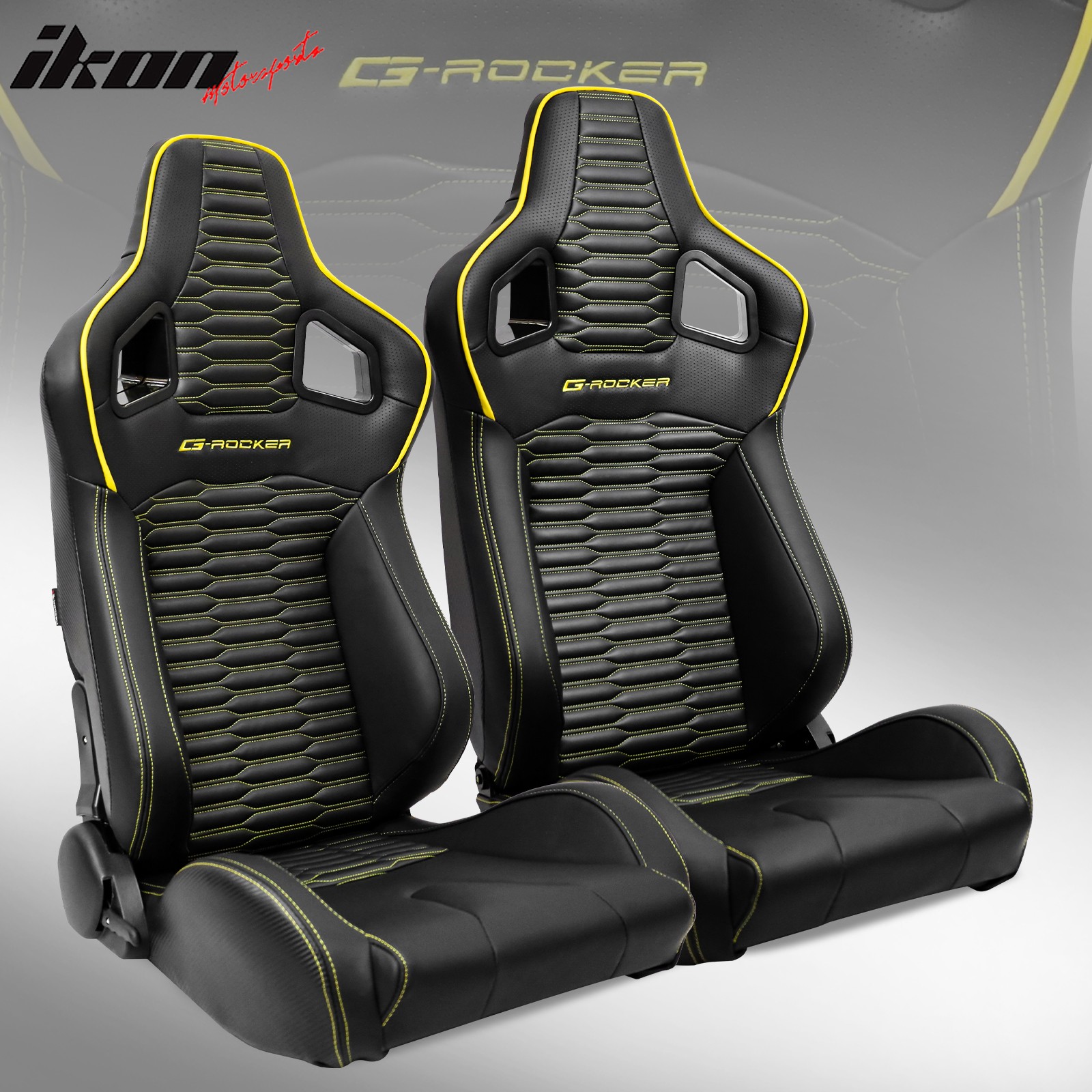 Universal 2x Reclinable Racing Seats Dual Slider PU Carbon Leather Yellow Strip Universal 2x Reclinable Racing Seats Dual Slider PU Carbon Leather Yellow Strip