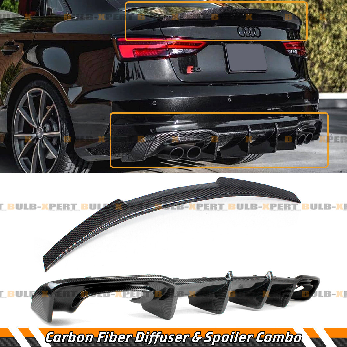 FOR 2017-20 AUDI S3 A3 SLINE CARBON FIBER REAR DIFFUSER + M4 STYLE TRUNK SPOILER