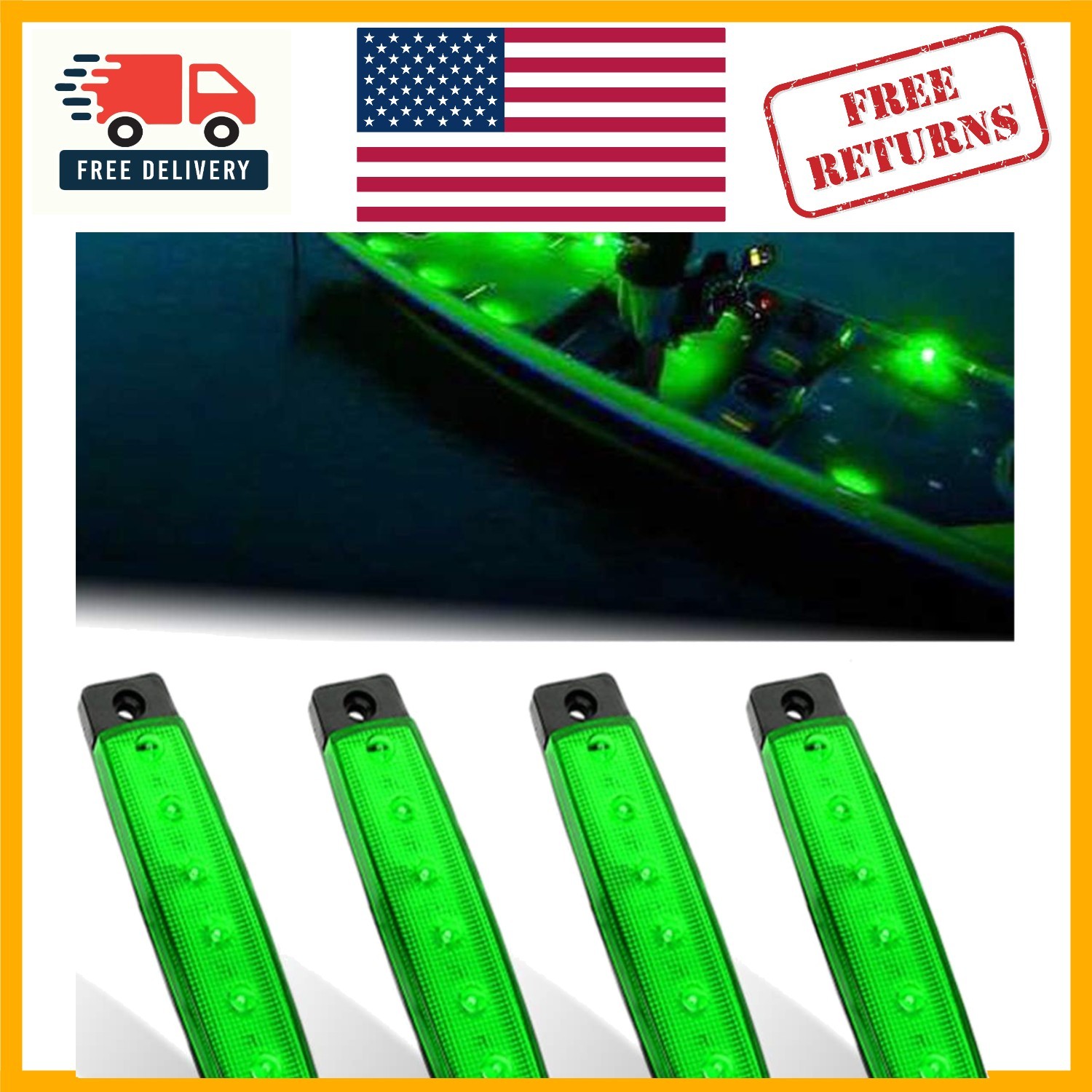 Durable 12V Green LED Boat Lights - 4pcs Waterproof Night Illumination Set