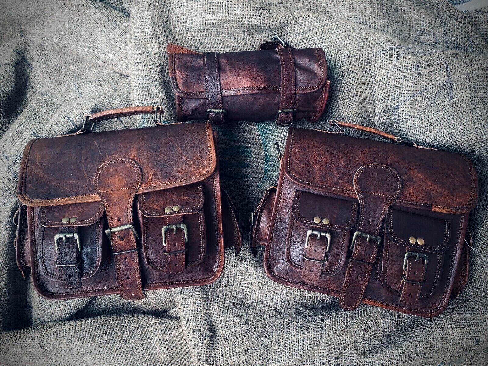 1 Pair Vintage Look Leather Real Motorcycle Saddle Bag Brown Swingarm 2 Side bag