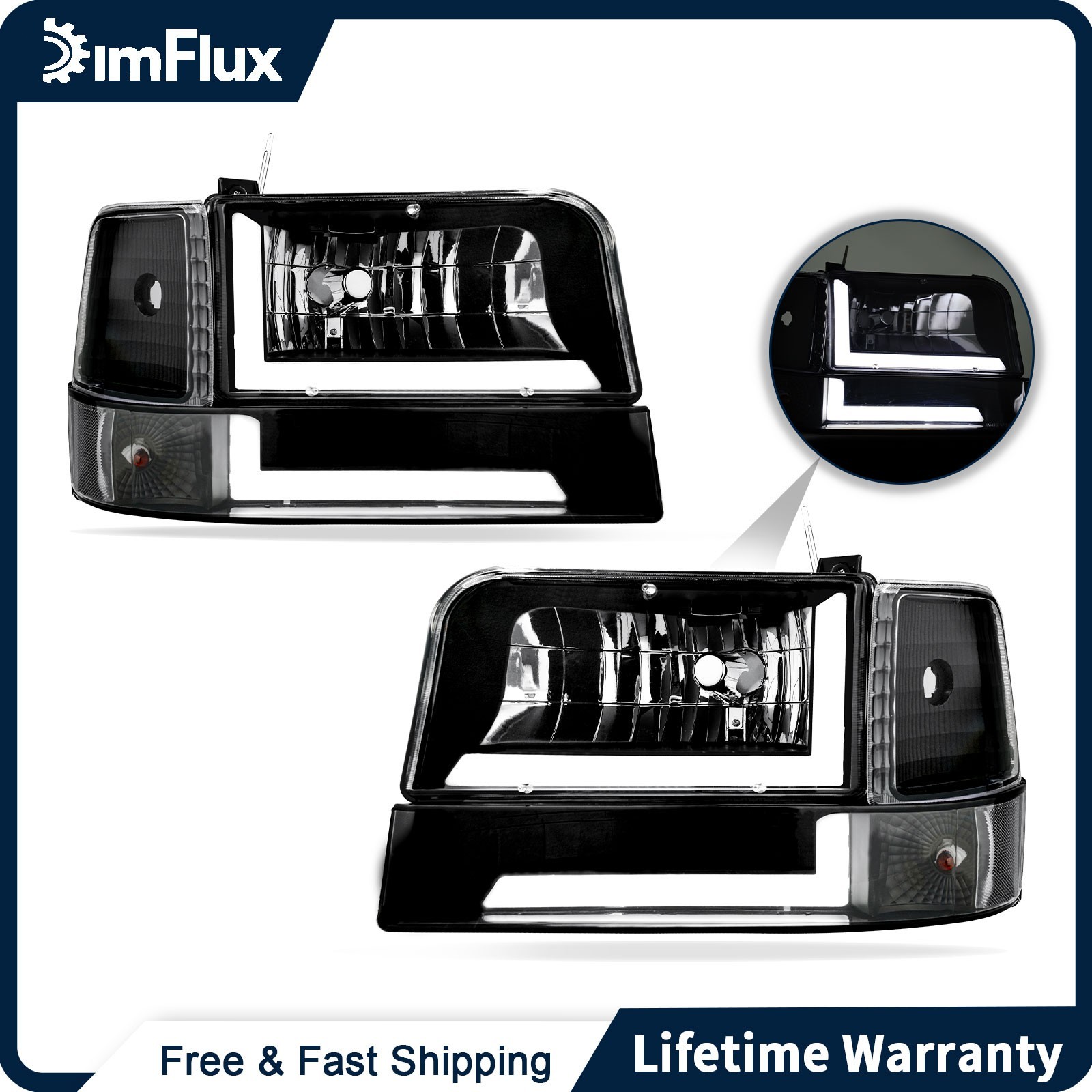 DimFlux for 1992-1996 Ford F150 F250 F350 Bronco Headlights w/LED DRL Left Right DimFlux for 1992-1996 Ford F150 F250 F350 Bronco Headlights w/LED DRL Left Right
