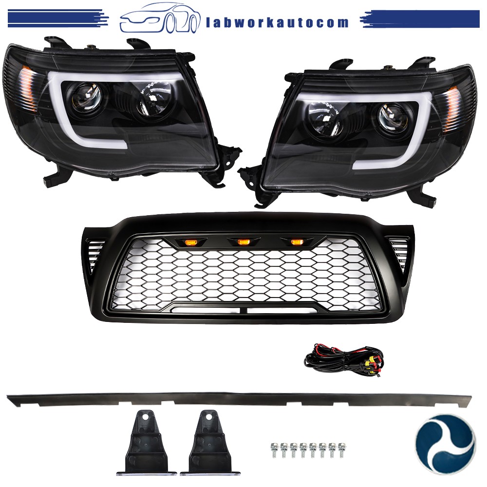 For Toyota Tacoma 2005-2009-11 L+R Headlights+Front Bumper Hood Grille Kit Black