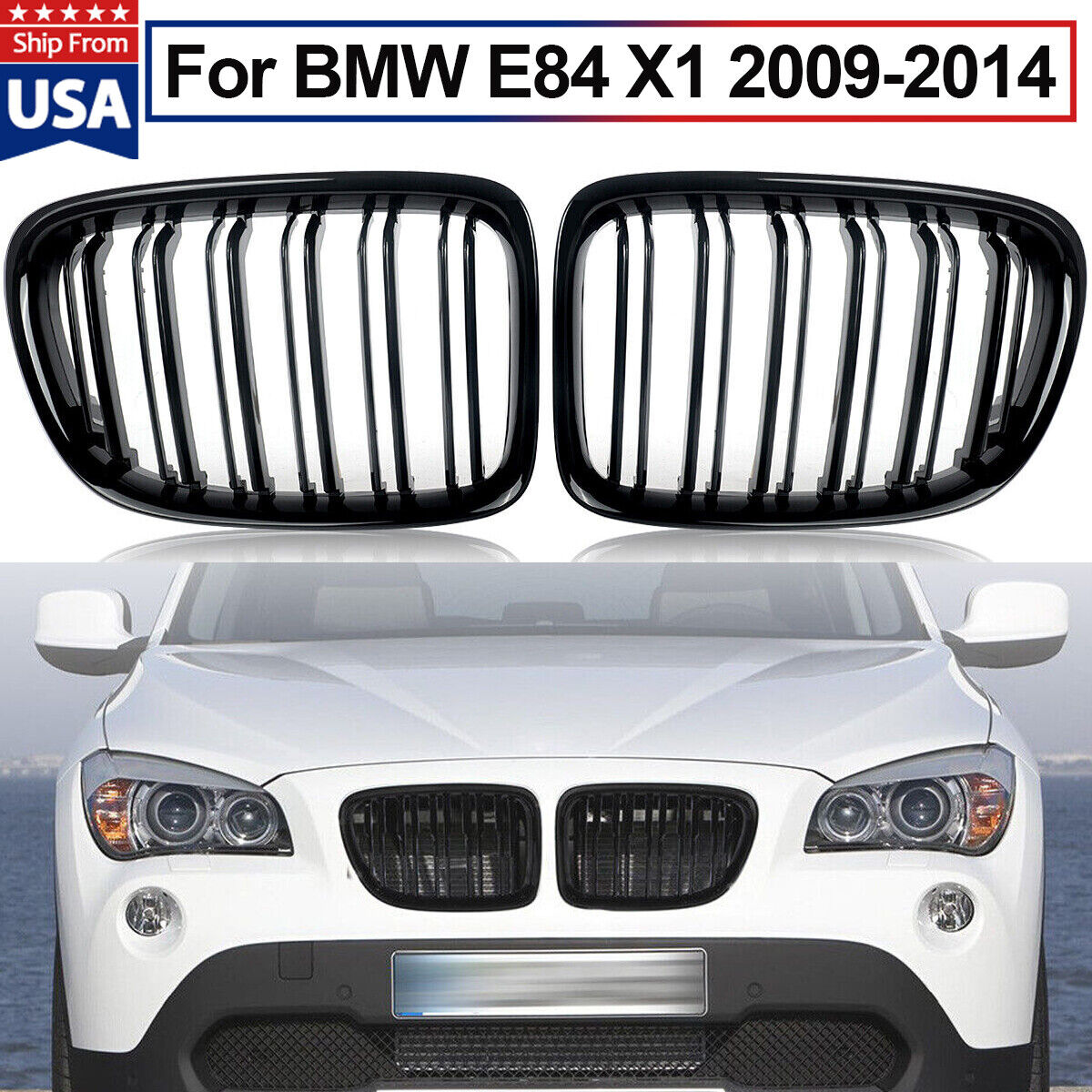 Gloss Black Dual Slats Front Kidney Grill For 2009-2015 BMW X1 E84 xdrive28i 35i