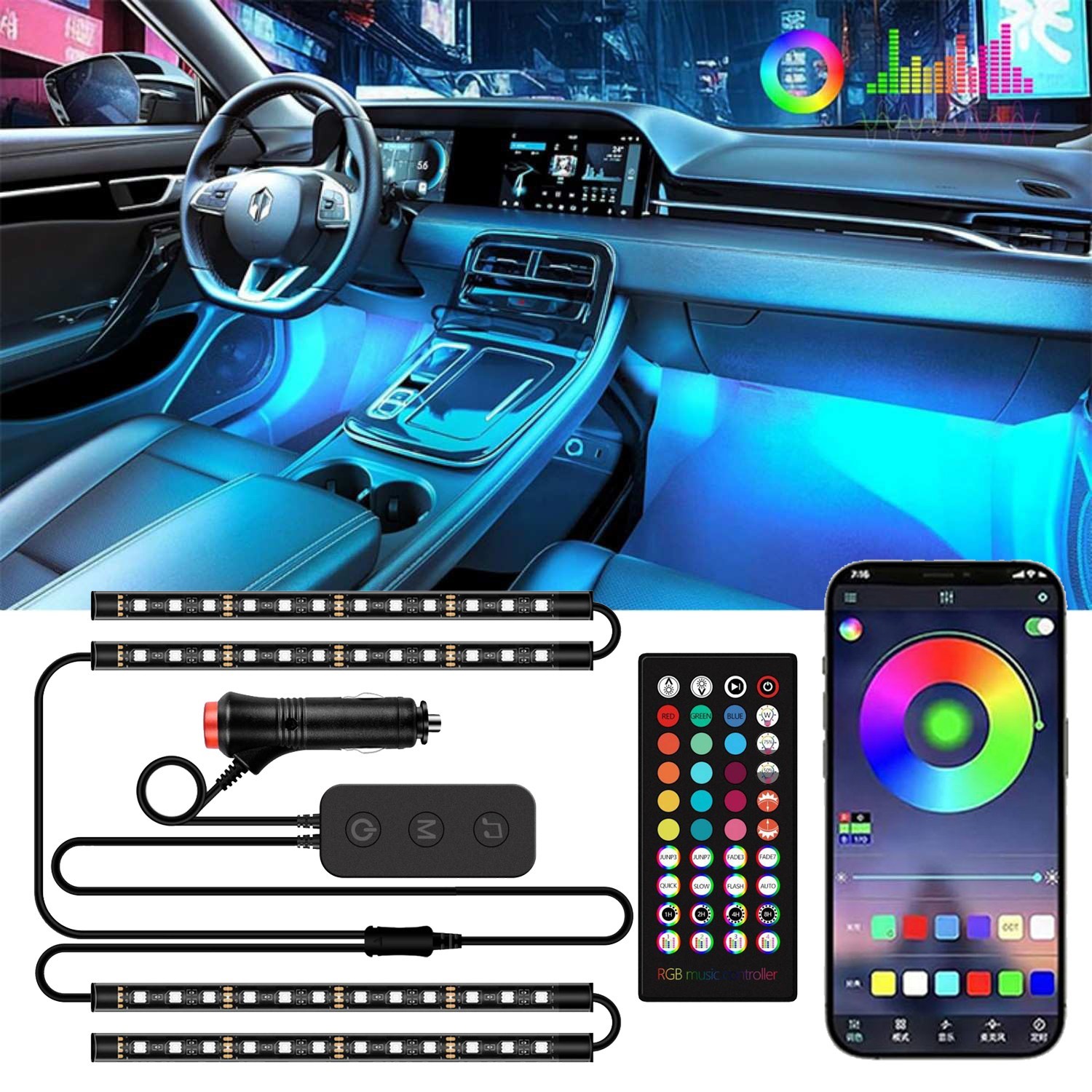 4PCS 48 LED Interior Light Strips APP Remote Control Music Sync Truck Car Decor