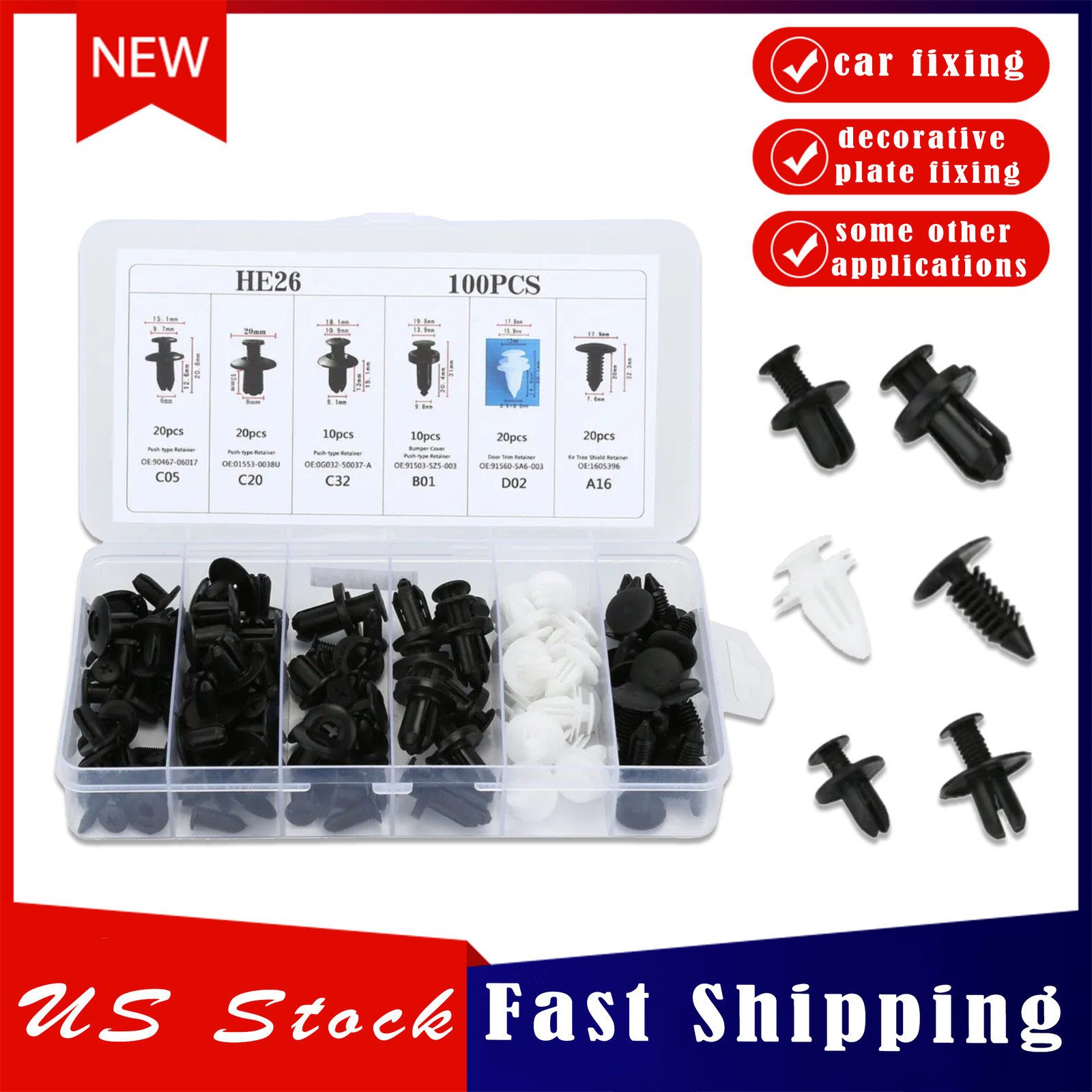 100pc Set Car Body Bumper Rivet Retainer Trim Molding Push Pin Clip Assortments