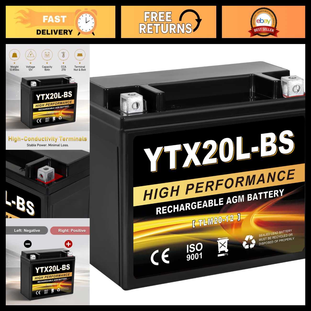12V 20Ah AGM Motorcycle Battery - Maintenance-Free, Fits ATV UTV Snowmobile, Hon 12V 20Ah AGM Motorcycle Battery - Maintenance-Free, Fits ATV UTV Snowmobile, Hon