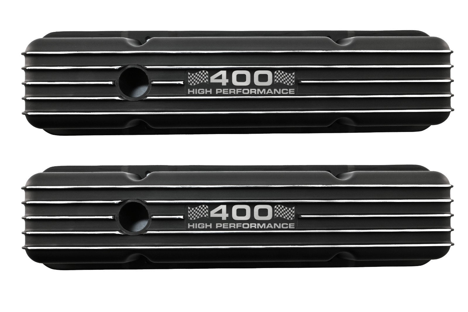 Aluminum 1958-86 Chevy SB 283–400 Valve Covers-Tall Finned– Etched 400  – Black