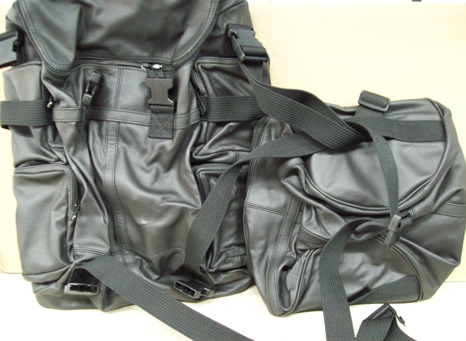 NOS Carroll Leather 3 Piece Set Black Leather Motorcycle Sissy Bar Bag 306