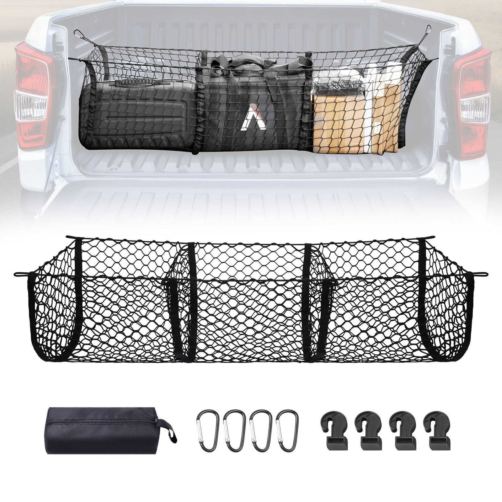 Elastic Truck Bed Mesh 3-Pocket Storage Cargo Net For Toyota Tacoma 2015-2025
