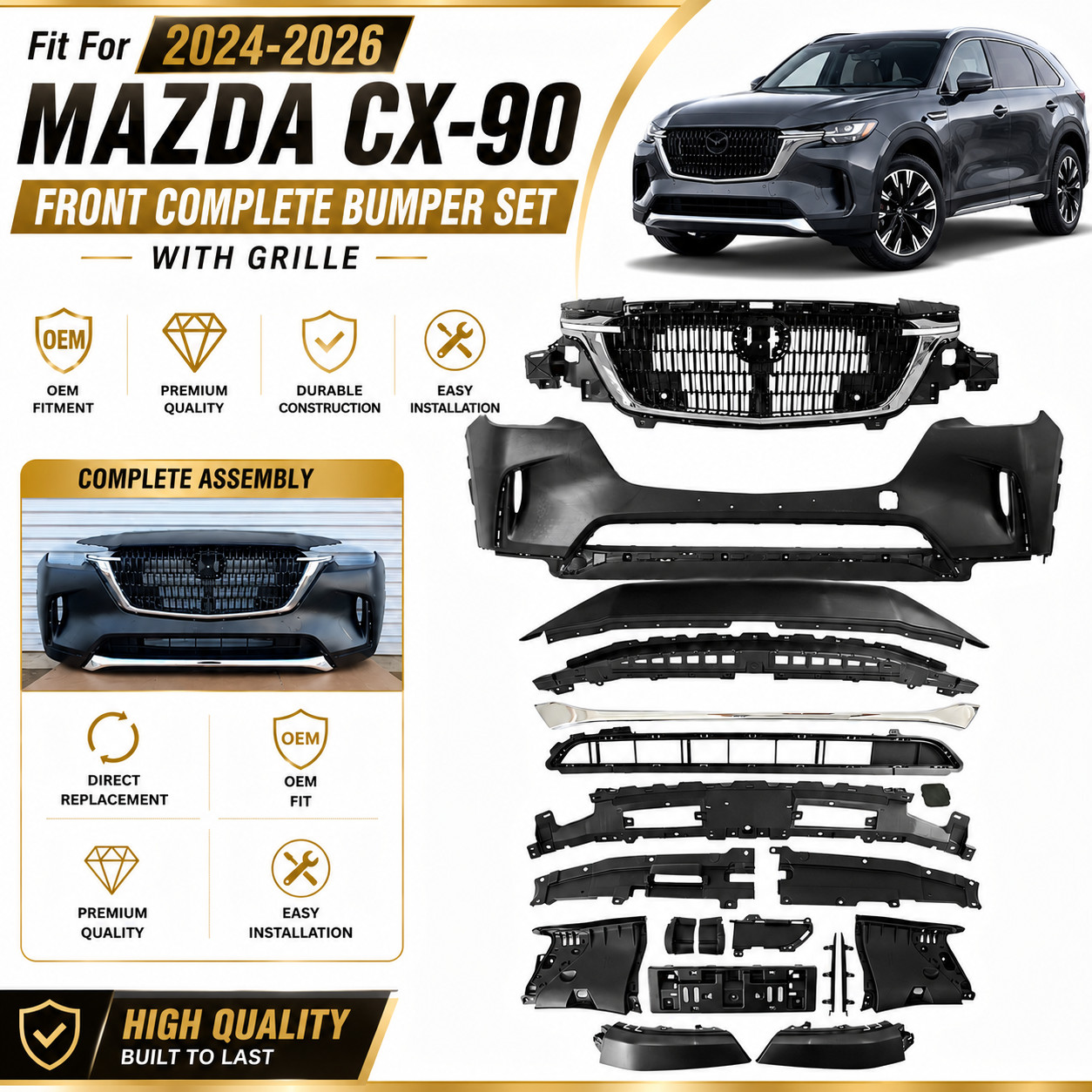Fit For 2024-2026 Mazda CX-90 Front Complete Bumper Cover Set With Grille