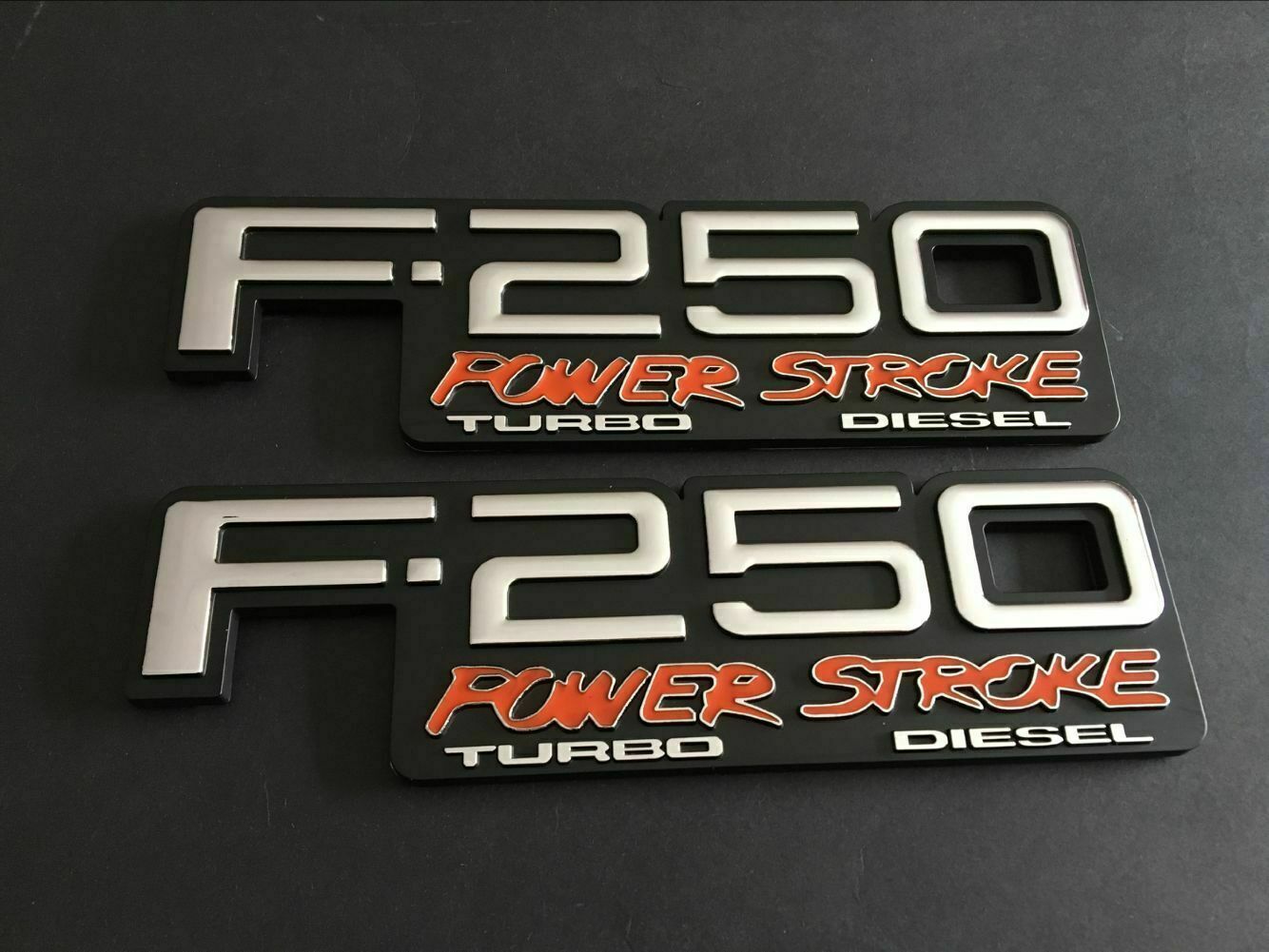 2 NEW (PAIR) SET CUSTOM 94-98 F250 POWERSTROKE TURBO DIESEL FENDER BADGES