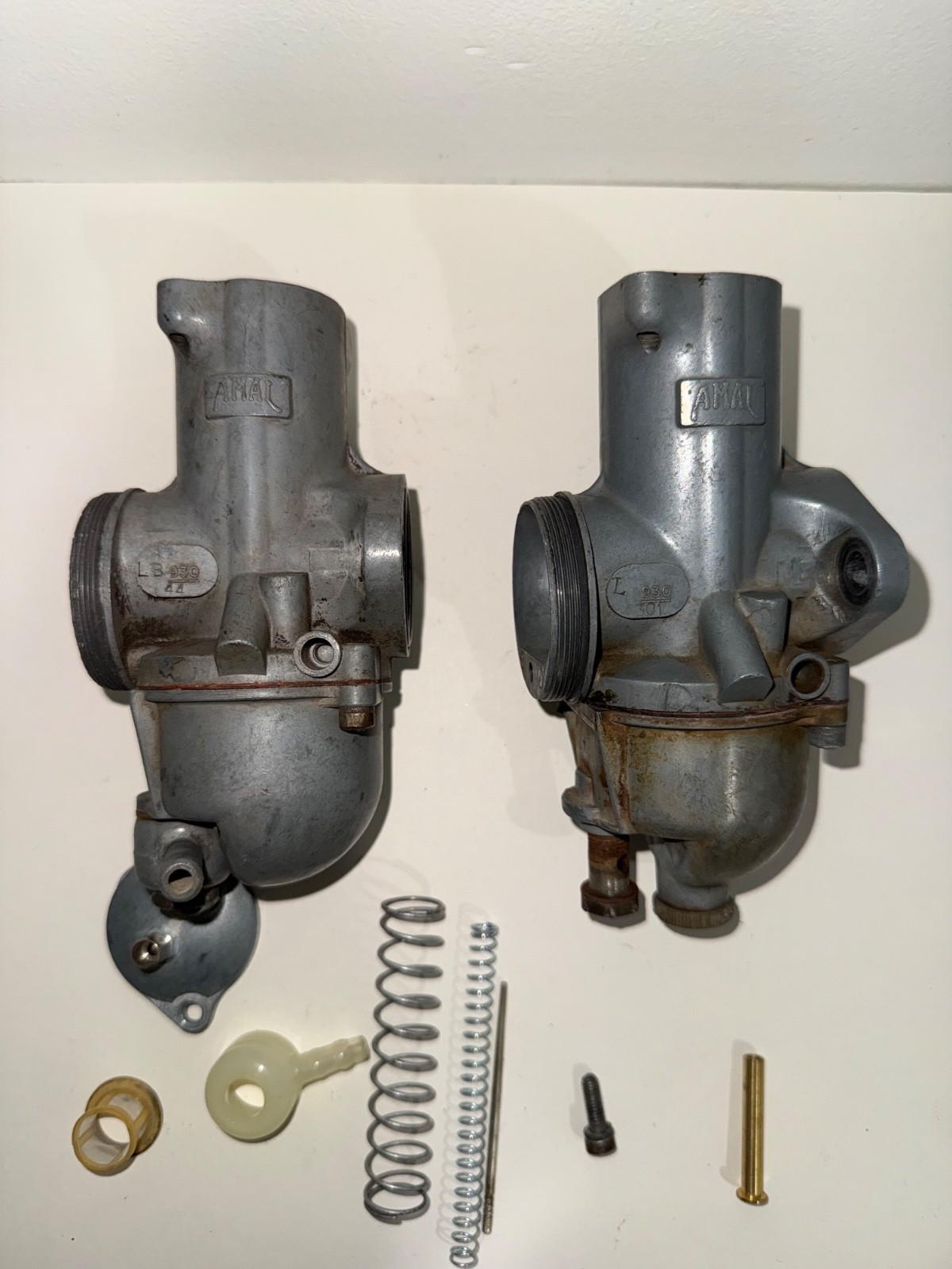 Two vintage AMAL carburetors, marked L 930/44 and L 930/01 Two vintage AMAL carburetors, marked L 930/44 and L 930/01