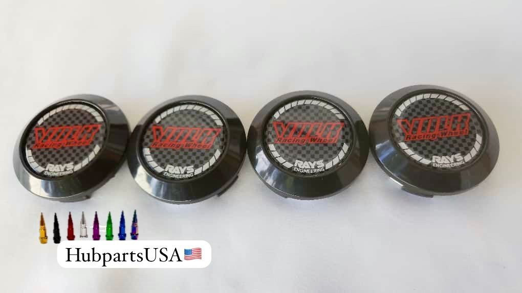 64mm Rays Volk Black and Red Wheel Center Caps 4 set