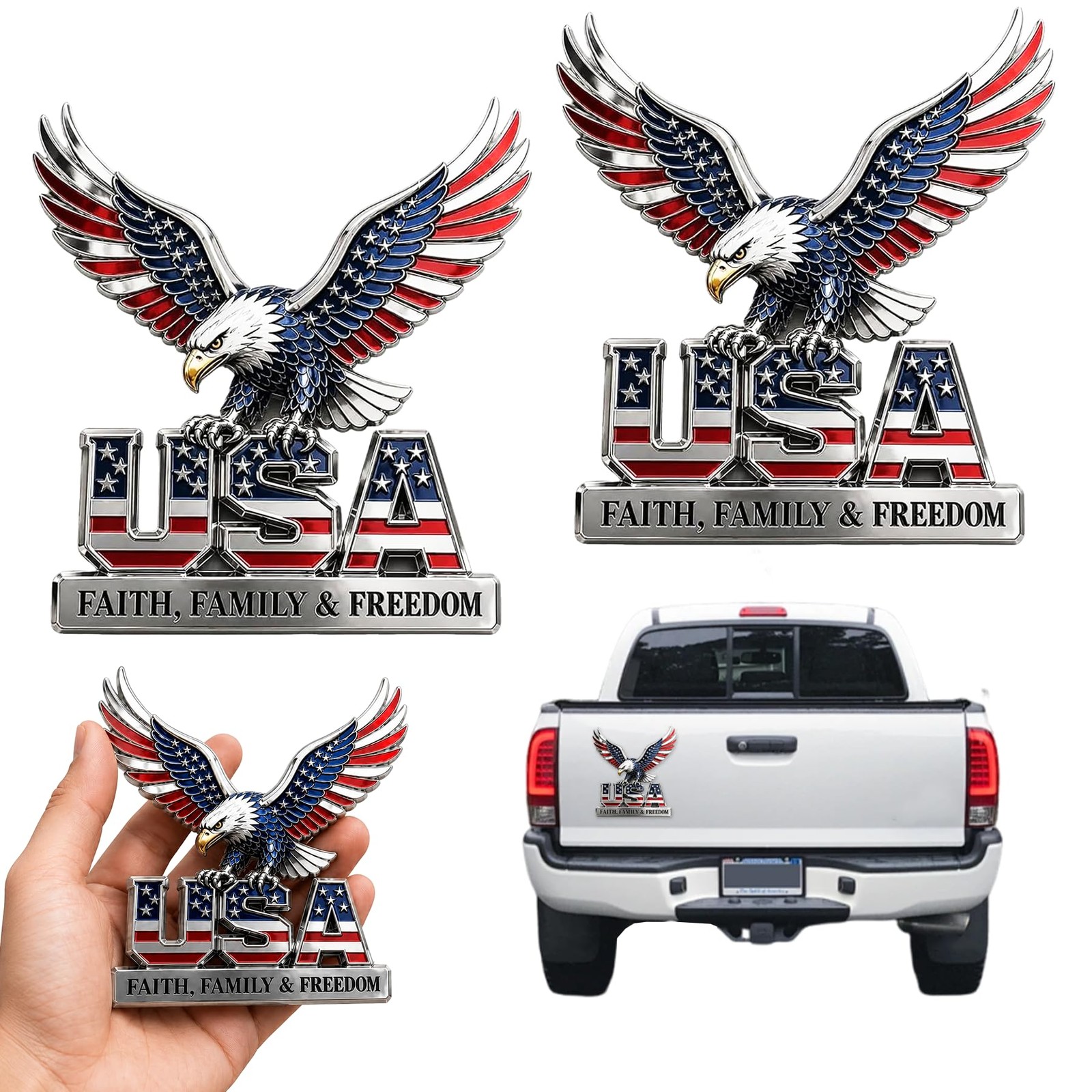 2Pcs Large USA Eagle Metal Car Emblem Faith Family Freedom PatriotiVehicleDecor