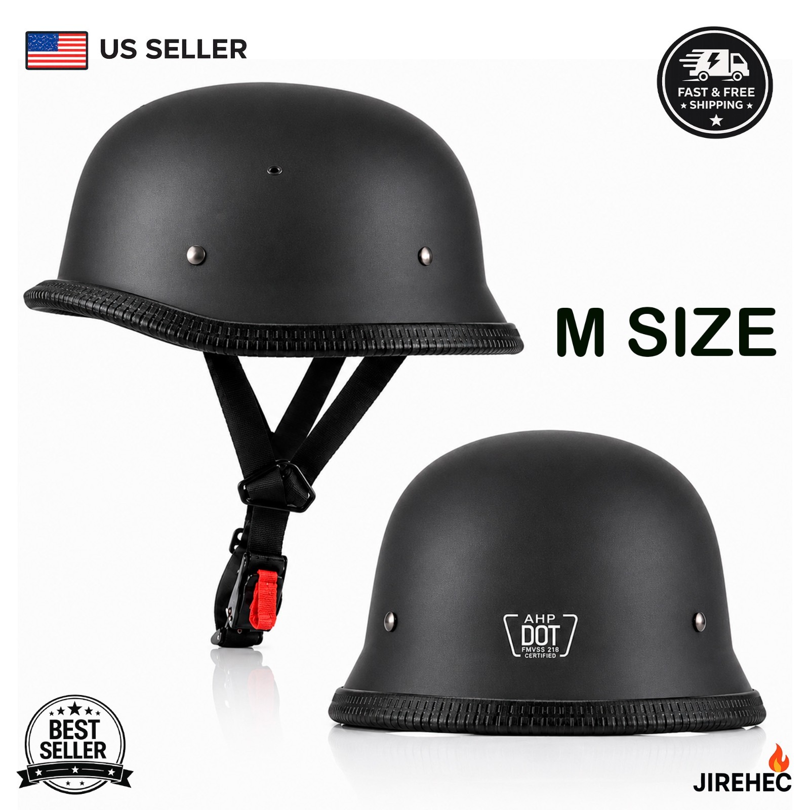 DOT German Motorcycle Half Helmet Scooter Chopper Helmet Casco Matte Black, M