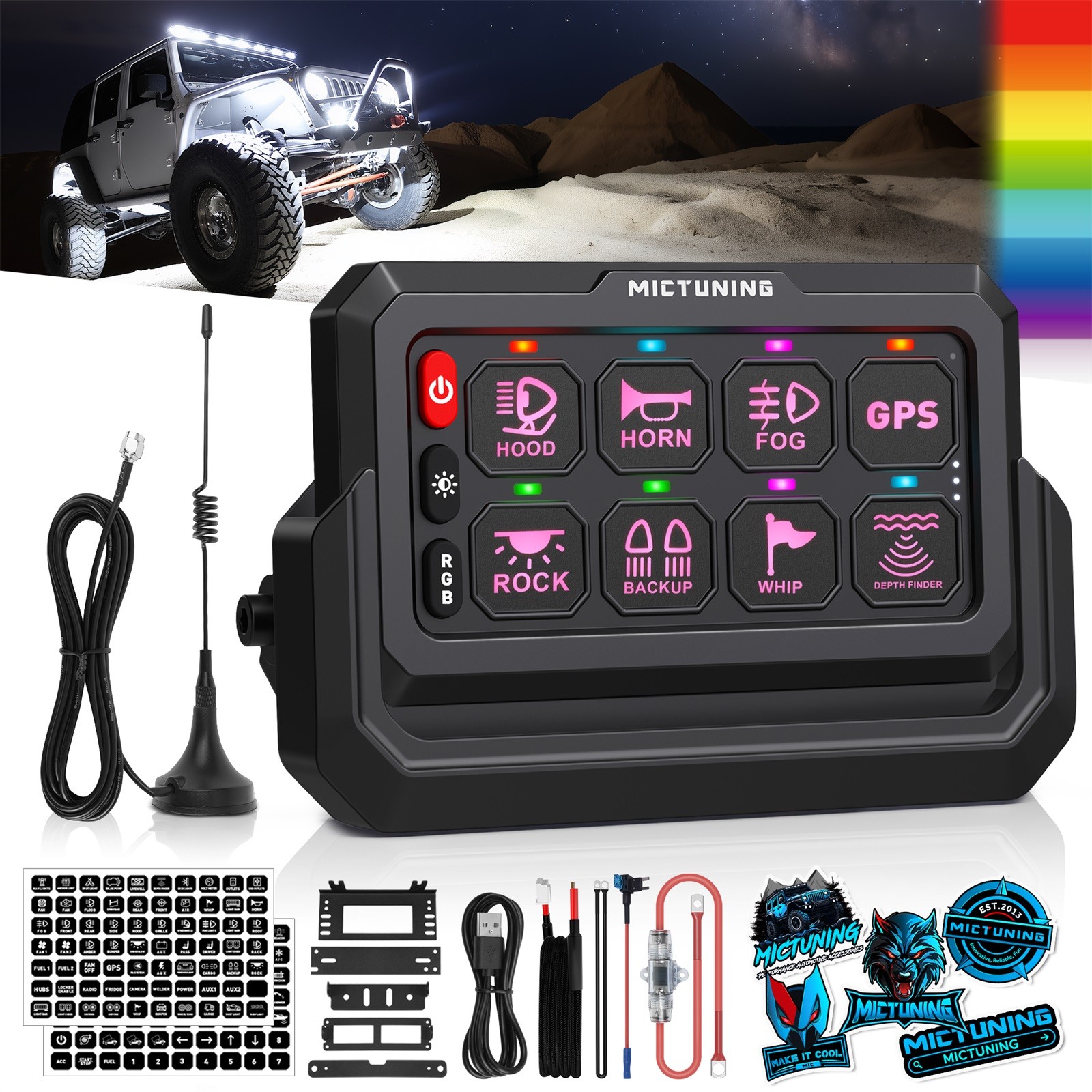 MICTUNING 328FT Wireless 8 Gang RGB Switch Panel 12v Toggle LED Relay System Box