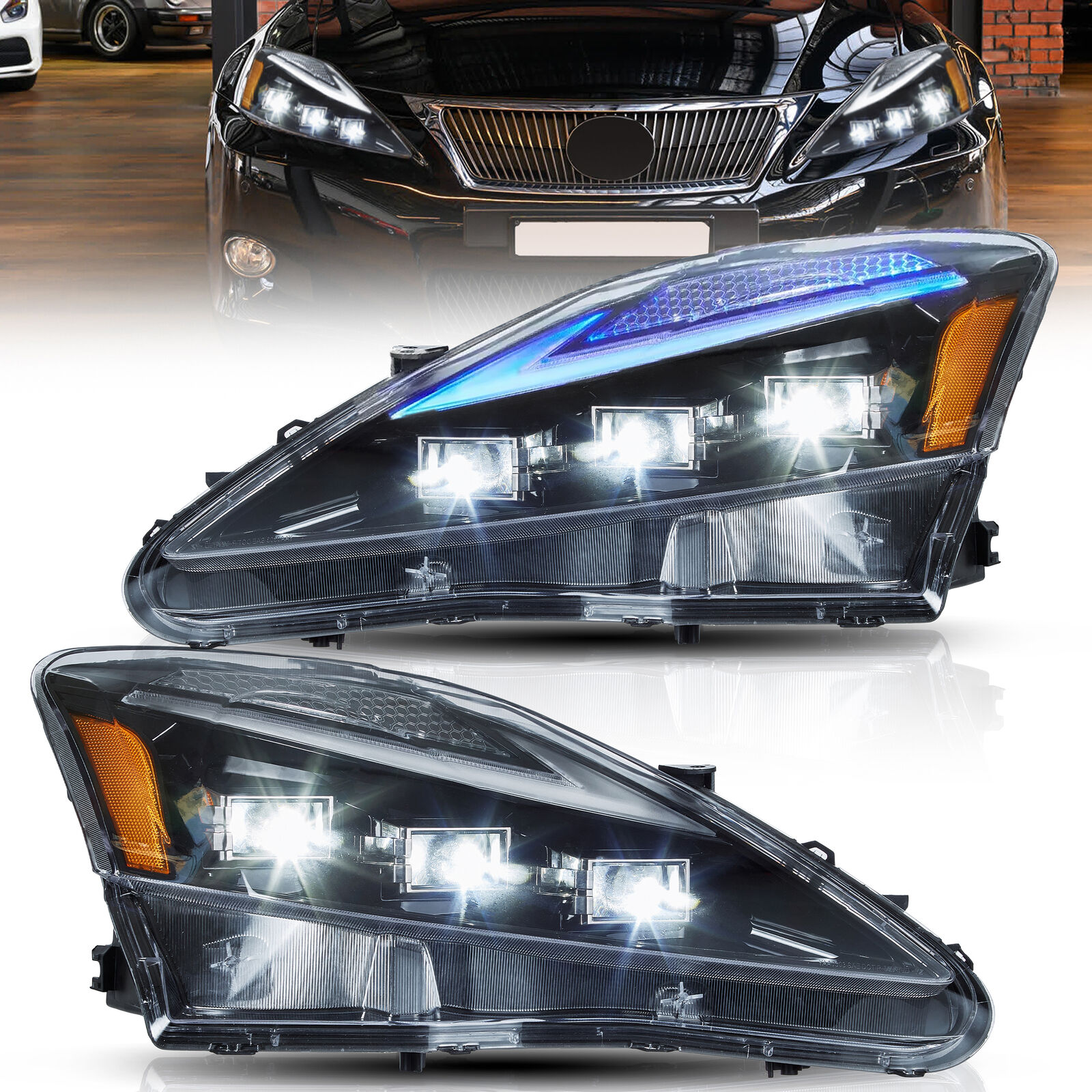 Projector LED Headlights For 2006-2014 Lexus IS250 IS350 ISF w/ Blue DRL Startup