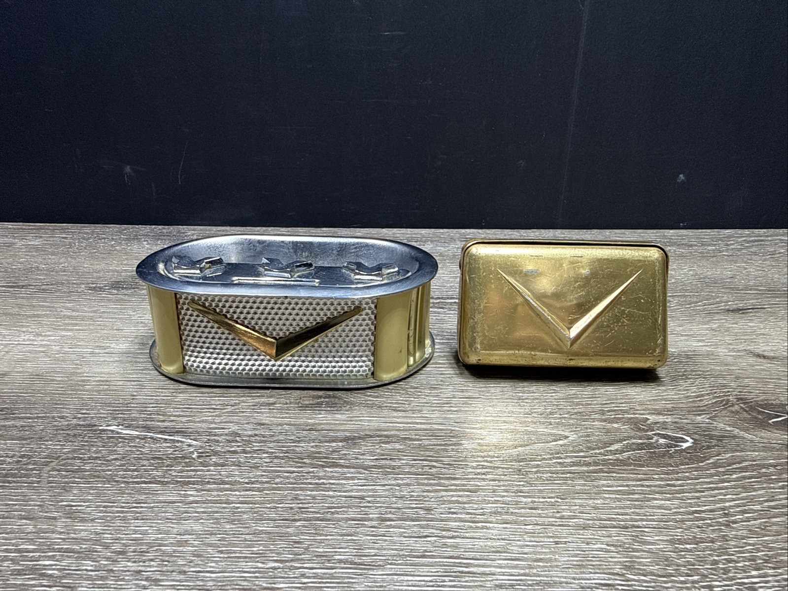 Vintage 1950s Cadillac Armrest Ashtrays Pair Gold V Crest Chrome In-Dash Rear