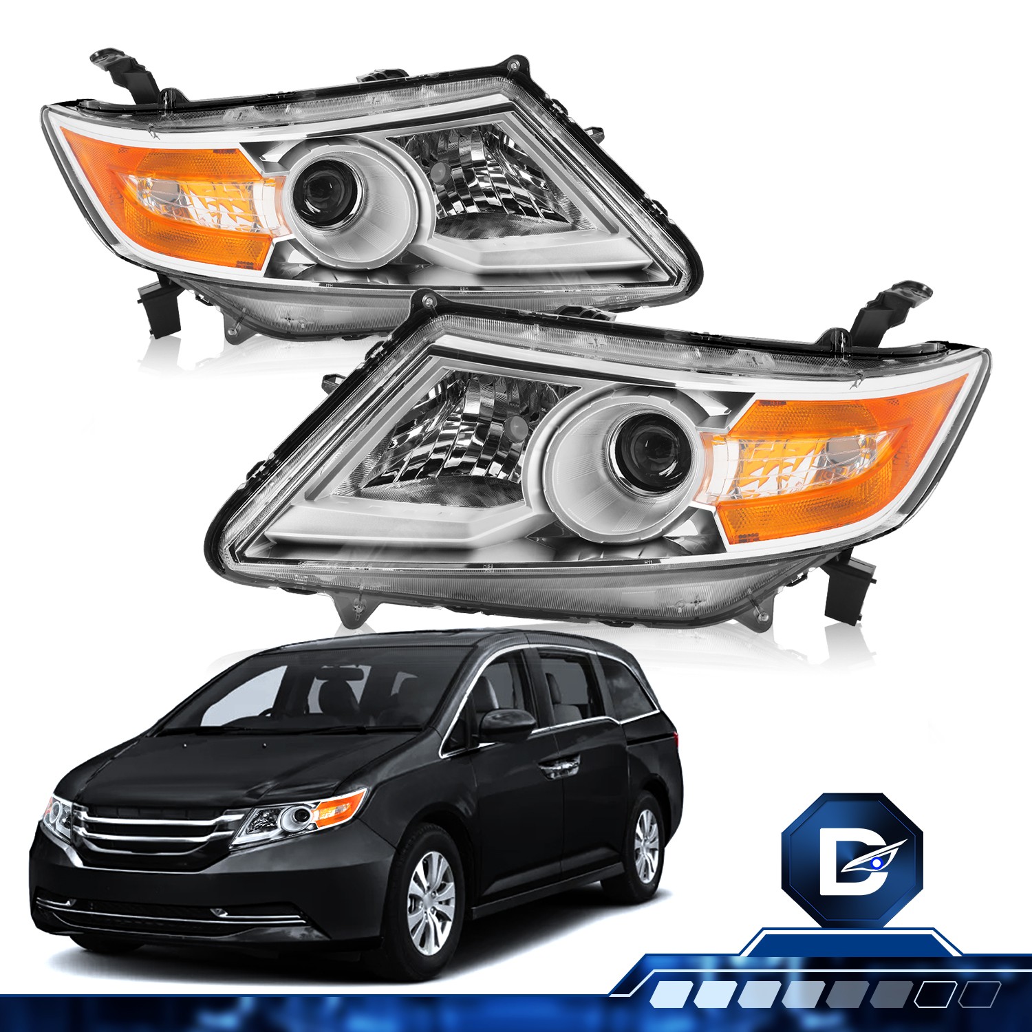 Driveforge For 2011-2017 Honda Odyssey Halogen Chrome Amber Headlights Pair L+R