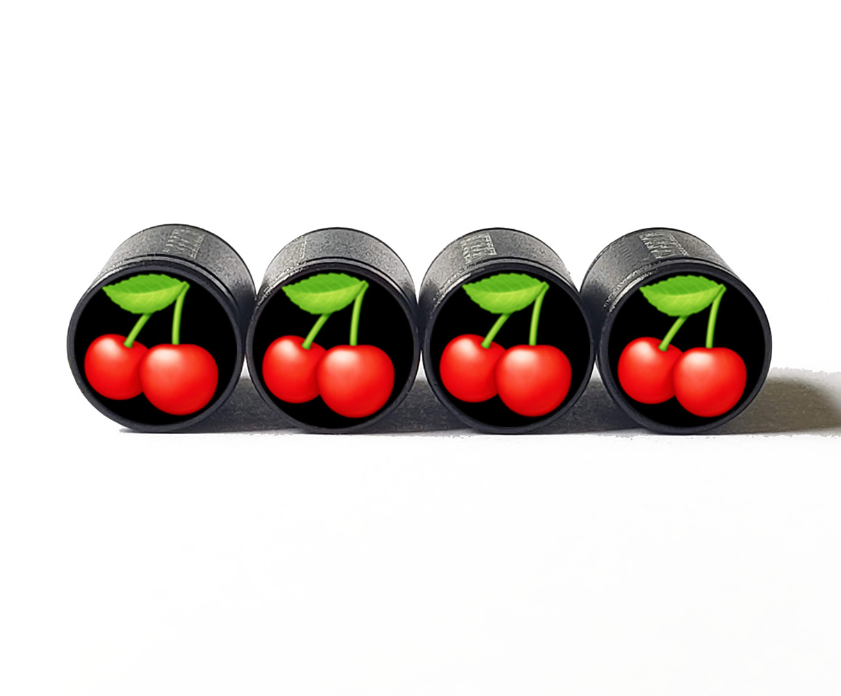 Red Cherries Tire Valve Caps - Black Aluminum - Set of Four - Fits all Vehicles