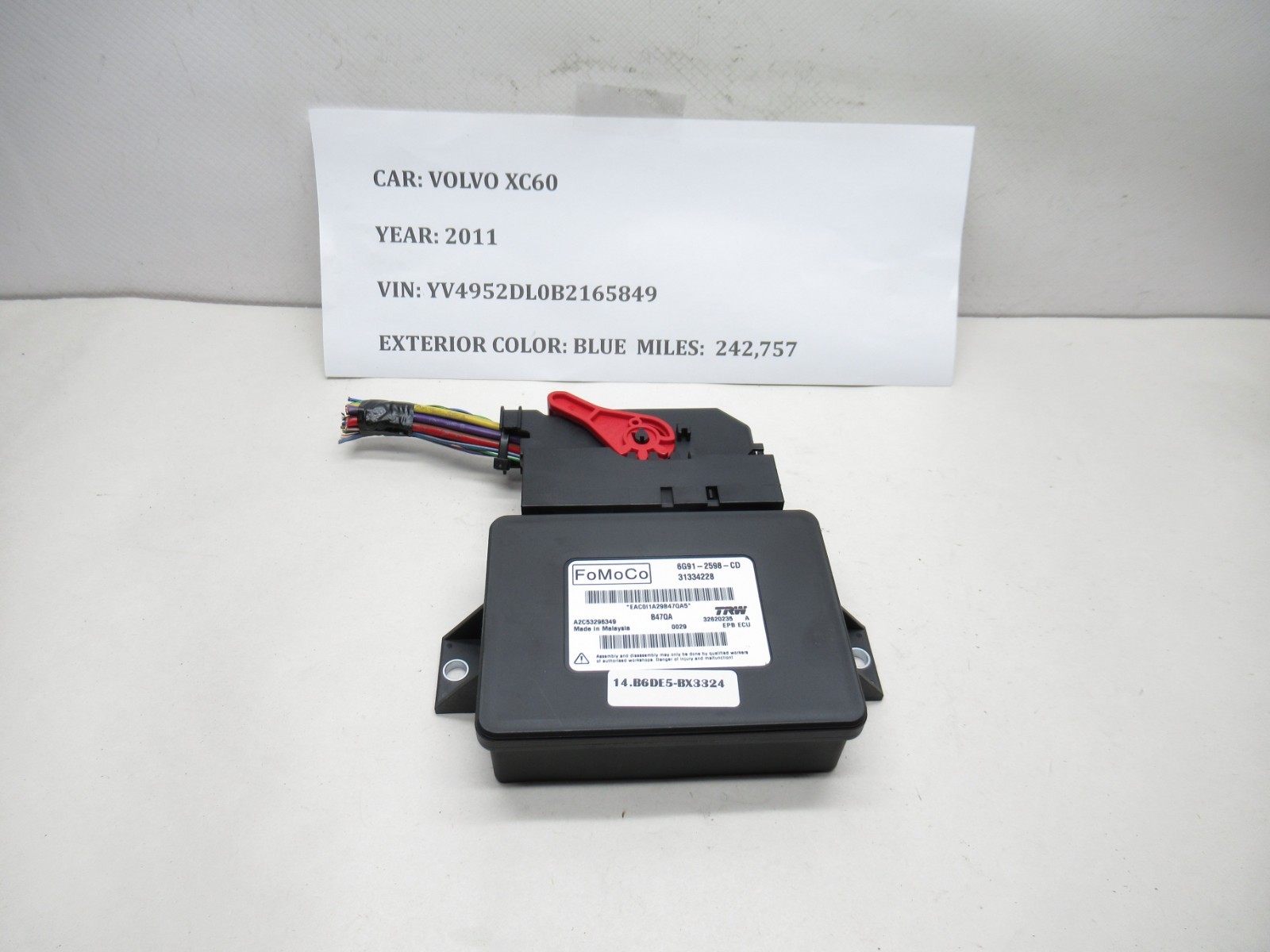 2011 Volvo XC60 Parking Brake Module OEM 6G91-2598-CD Used