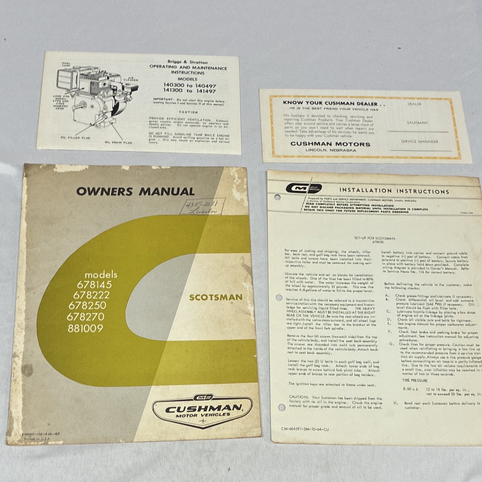 Cushman Scotsman Motor Vehicle Owners Manual & Supplemental Literature Cushman Scotsman Motor Vehicle Owners Manual & Supplemental Literature