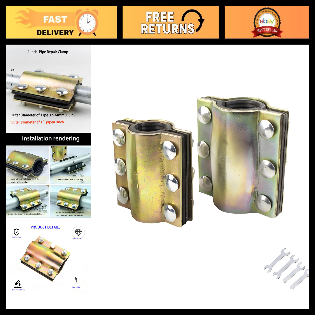 2 Pcs 1-Inch Pipe Repair Clamp Kit for 1.33\