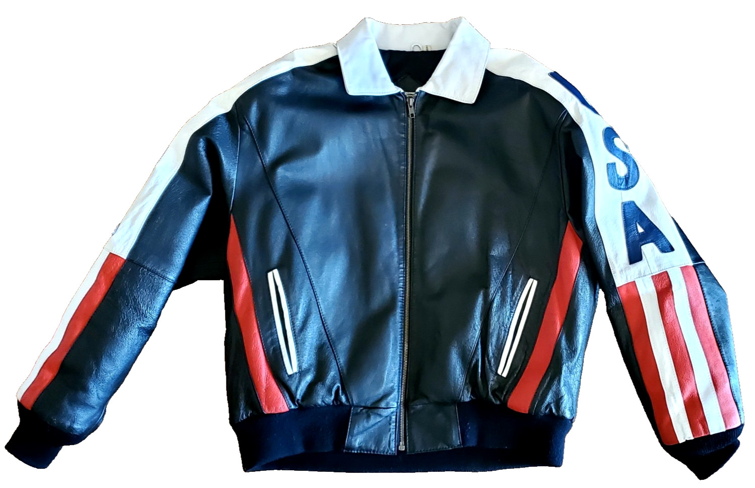 Original VTG 1980s Phase2 Stars/Stripes Leather Bomber Motorcycle Jacket