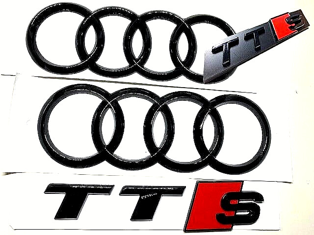 NEW Audi TTS Gloss Black Badge Set Front Rear Rings Grille Badge + Boot Emblem NEW Audi TTS Gloss Black Badge Set Front Rear Rings Grille Badge + Boot Emblem