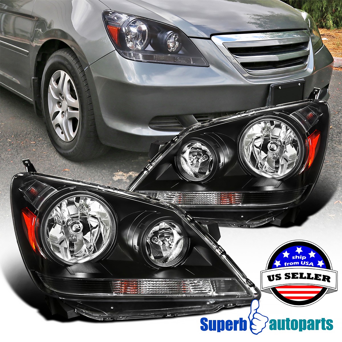 Fits 2005-2007 Honda Odyssey Headlights Turn Signal Black Replacement Left+Right