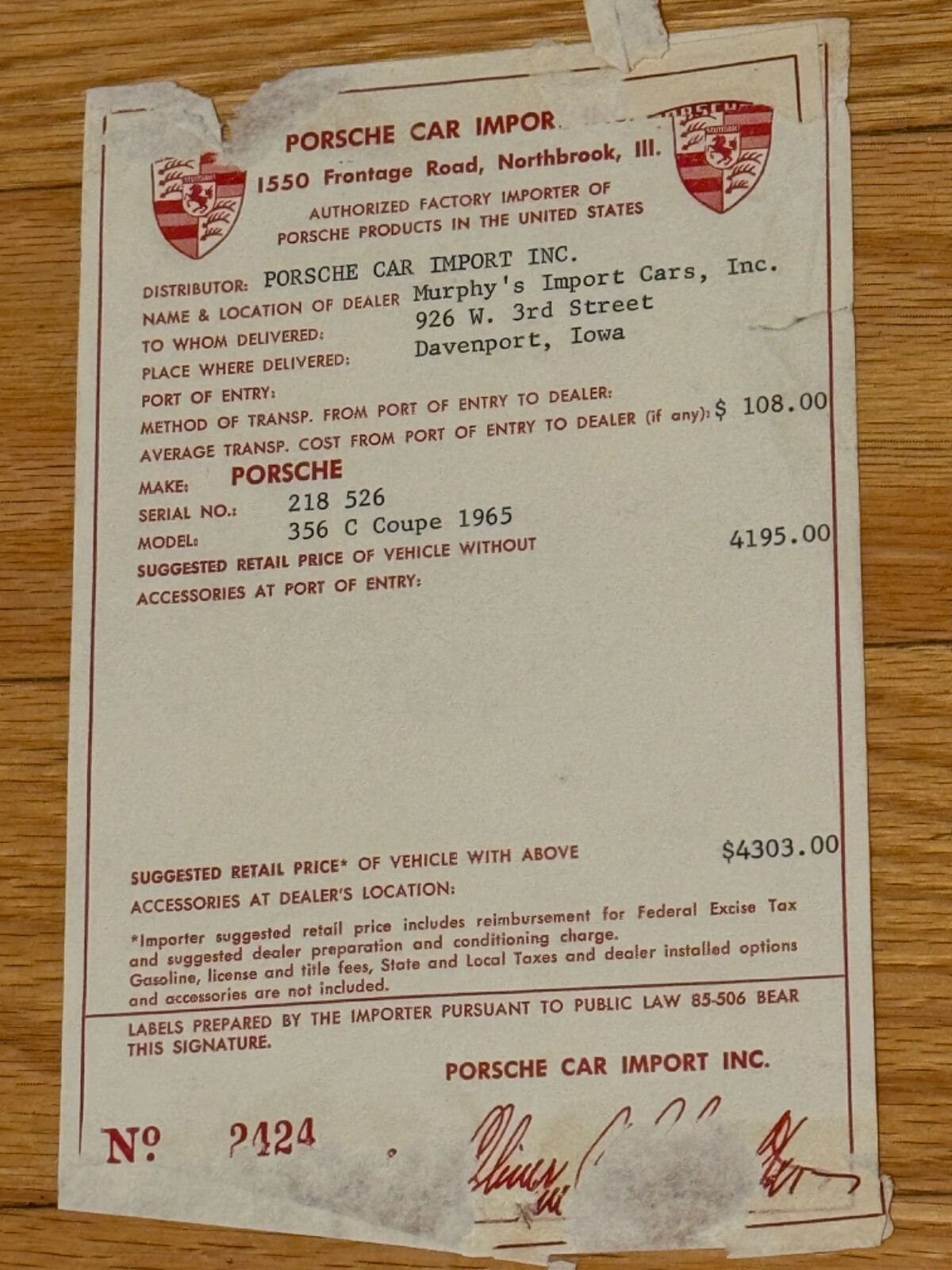 1963/64/65 Porsche 356 C SC 356C Mint Original Factory Window Price Sticker 1963/64/65 Porsche 356 C SC 356C Mint Original Factory Window Price Sticker
