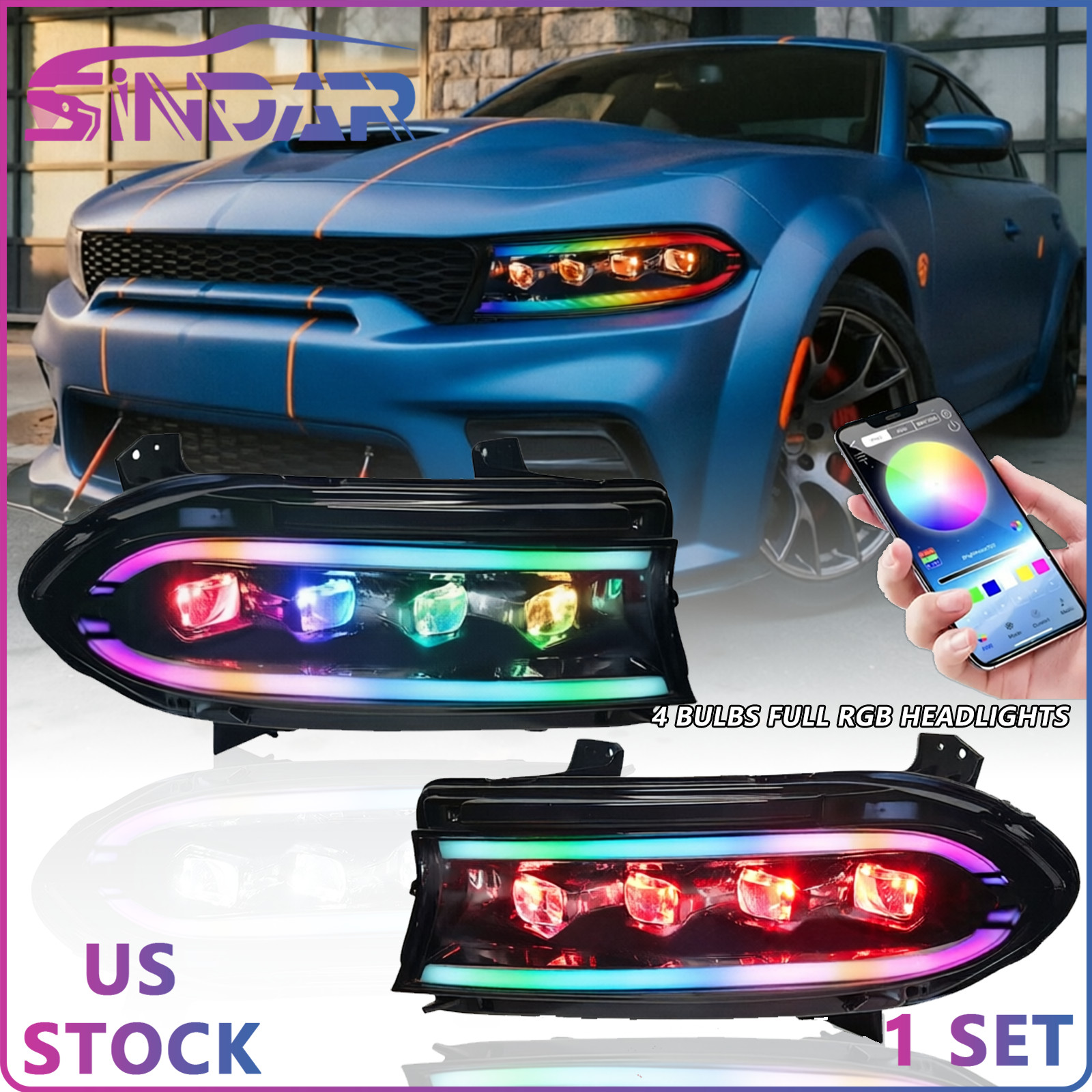 SINDAR LED Headlights For Dodge Charger 2015-2021 Facelift Full RGB 4 Bulbs