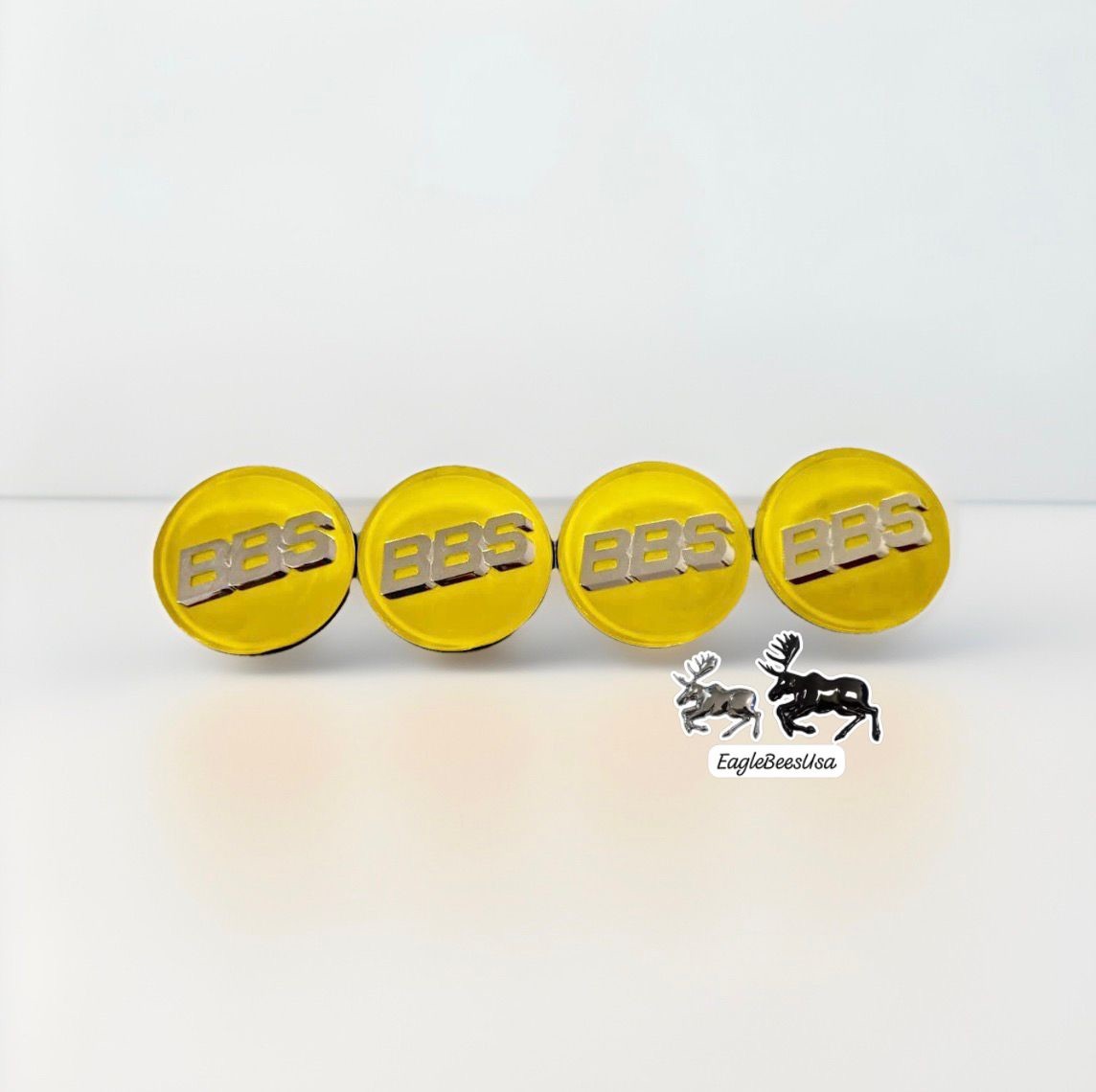 4 set 70mm  BBS CENTER CAPS 3TABS  RARE YELLOW ON 3D WHITE GOLD  56.24.073. 